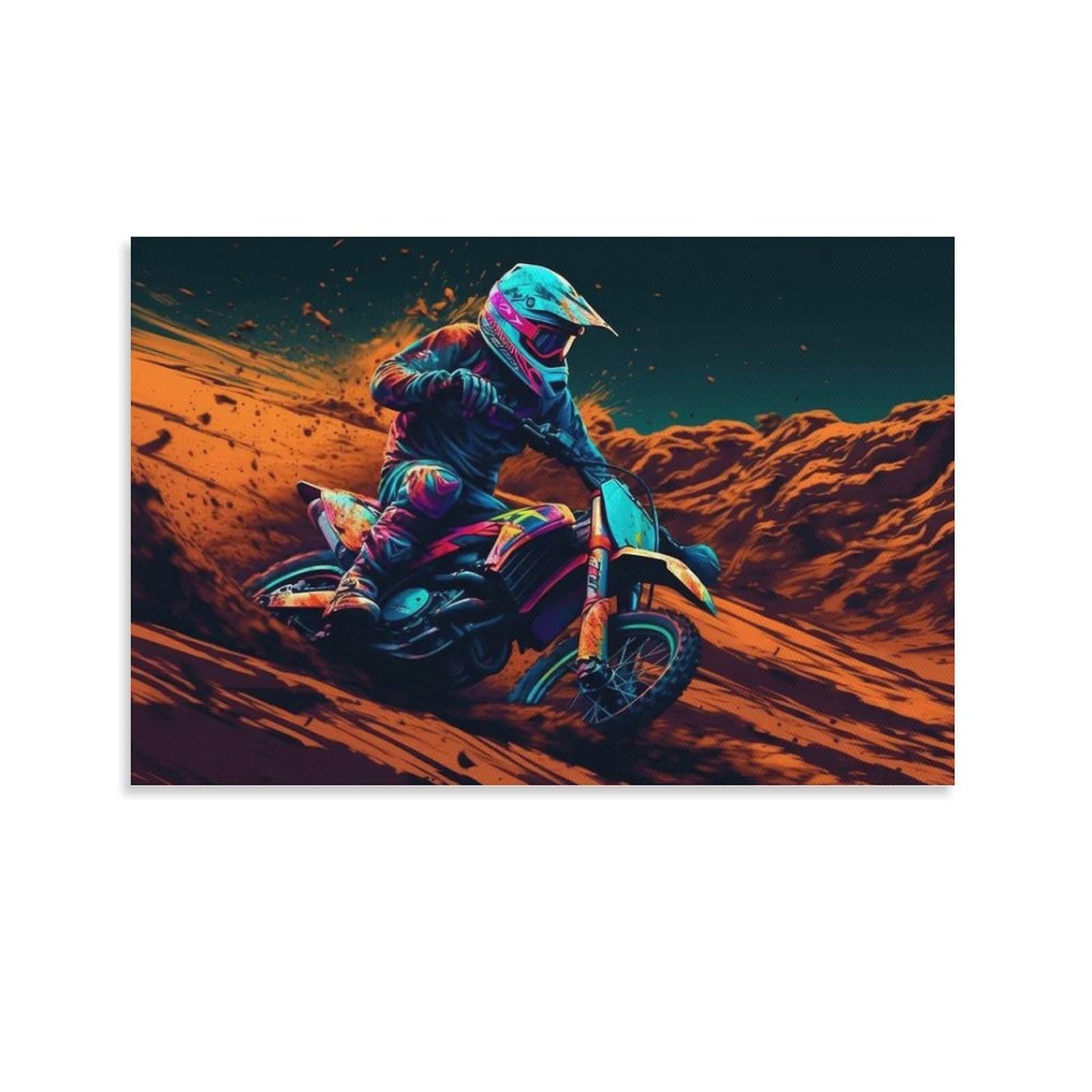 CPLVKWRQJ Bright Magical Colorful Single Motocross Rider in Neon Dust Storm Canvas Print - Office Wall Focal Art Fade Resistant Statement Piece Ready to Hang 20x30inch(50x75cm)