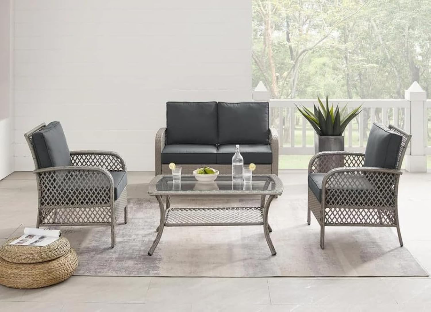 VITAL Outdoor 4-Piece Rocking Chair Set, Bistro Furniture Wicker Patio Chairs with Cushion, Tempered Glass Table for Backyard Porch Luxury sofa set Patio Use Porch Chairs Cushioned Bistro Set (GRAY)