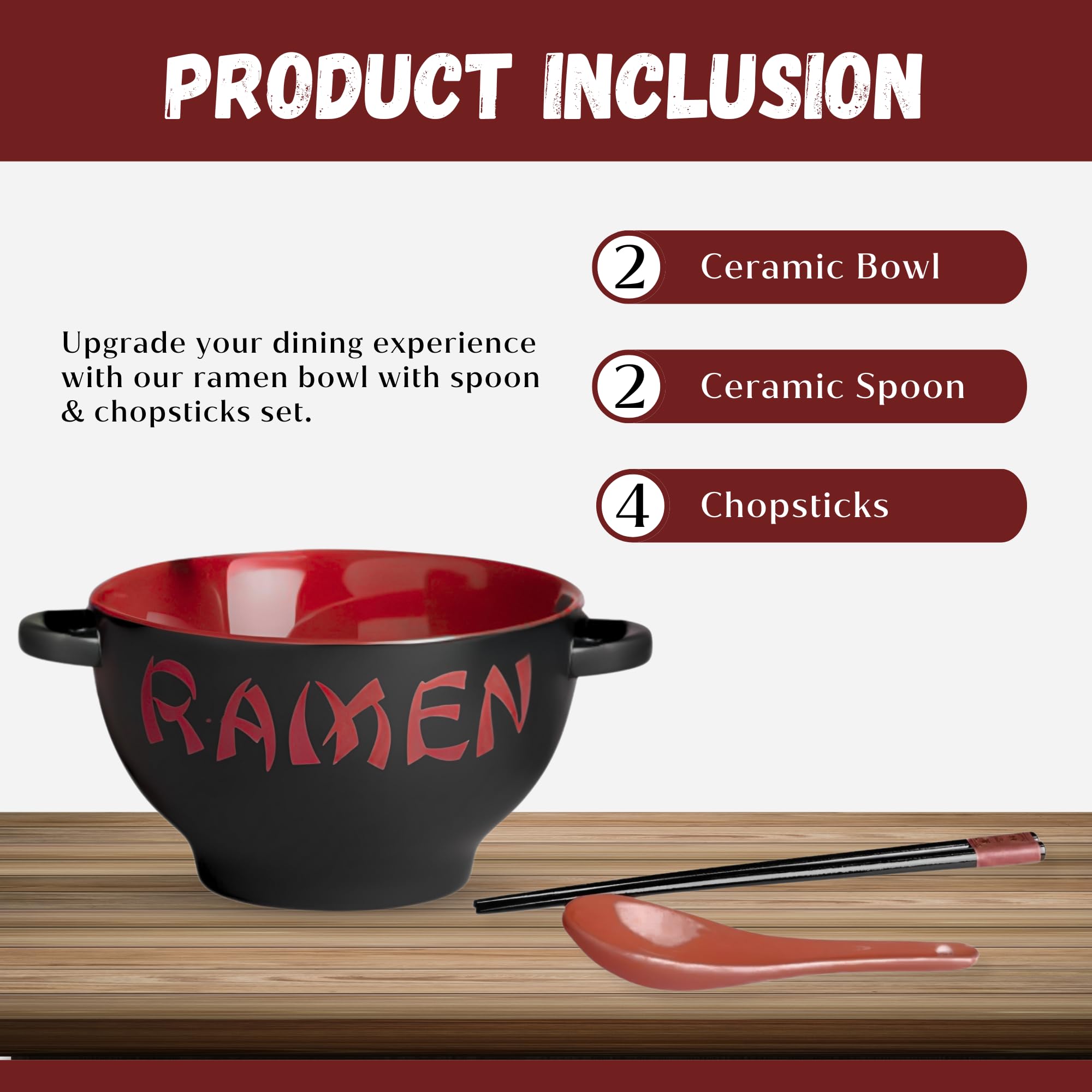 Japanische Ramenschüssel mit Essstäbchen und Suppenlöffeln, rotes Geschirr-Set für Geschenke, vielseitige Keramik-Suppenschalen für Reis, Miso, Pho, Udon-Nudeln und Instant-Ramen, große