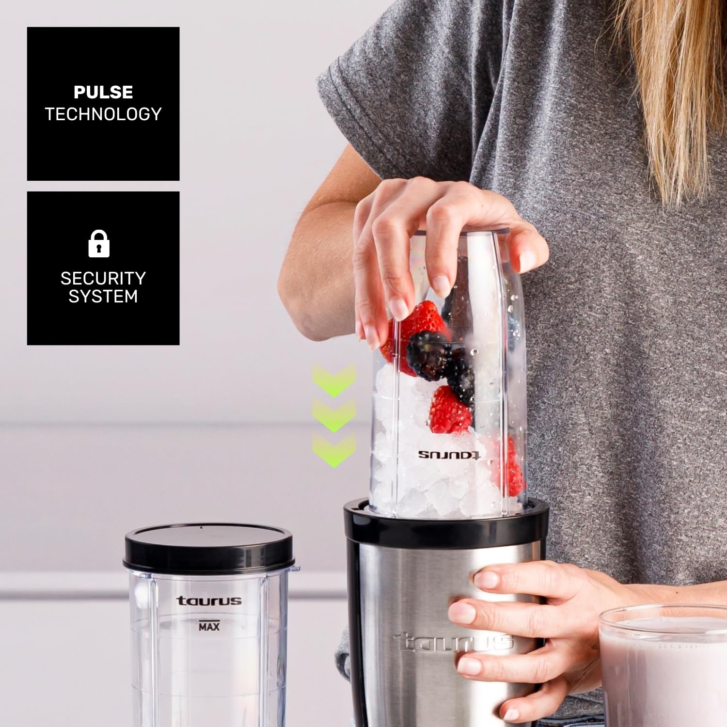 Taurus Shake & Go Mix – Mini batidora portátil de 1000W con vaso de 500 ml portatil | 6 cuchillas de acero inoxidable | Tritura hielo y fruta congelada | Pulse Technology | Incluye tapas