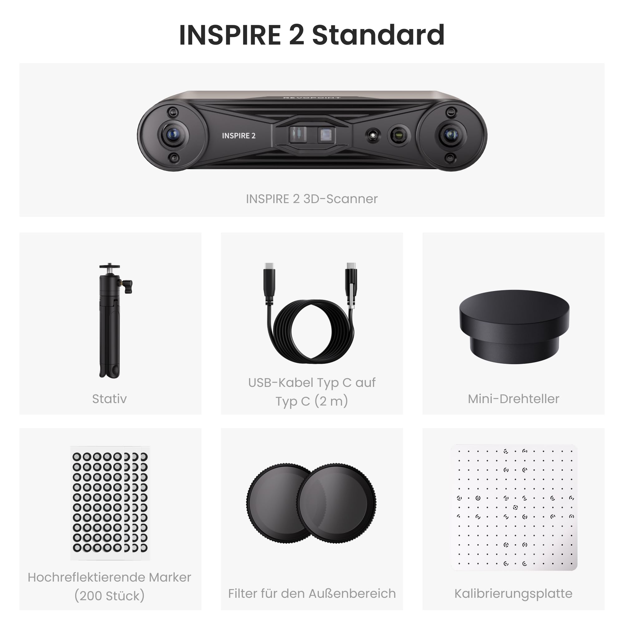 Revopoint INSPIRE 2 3D-Scanner für 3D-Druck, bis zu 0,03 mm Präzision, Mehrstrahl-Laser & Strukturiertes Licht, Scannen im Freien & Kabelloses Scannen, Vollfarbscans, Optischer Zoom, 190g, Standard