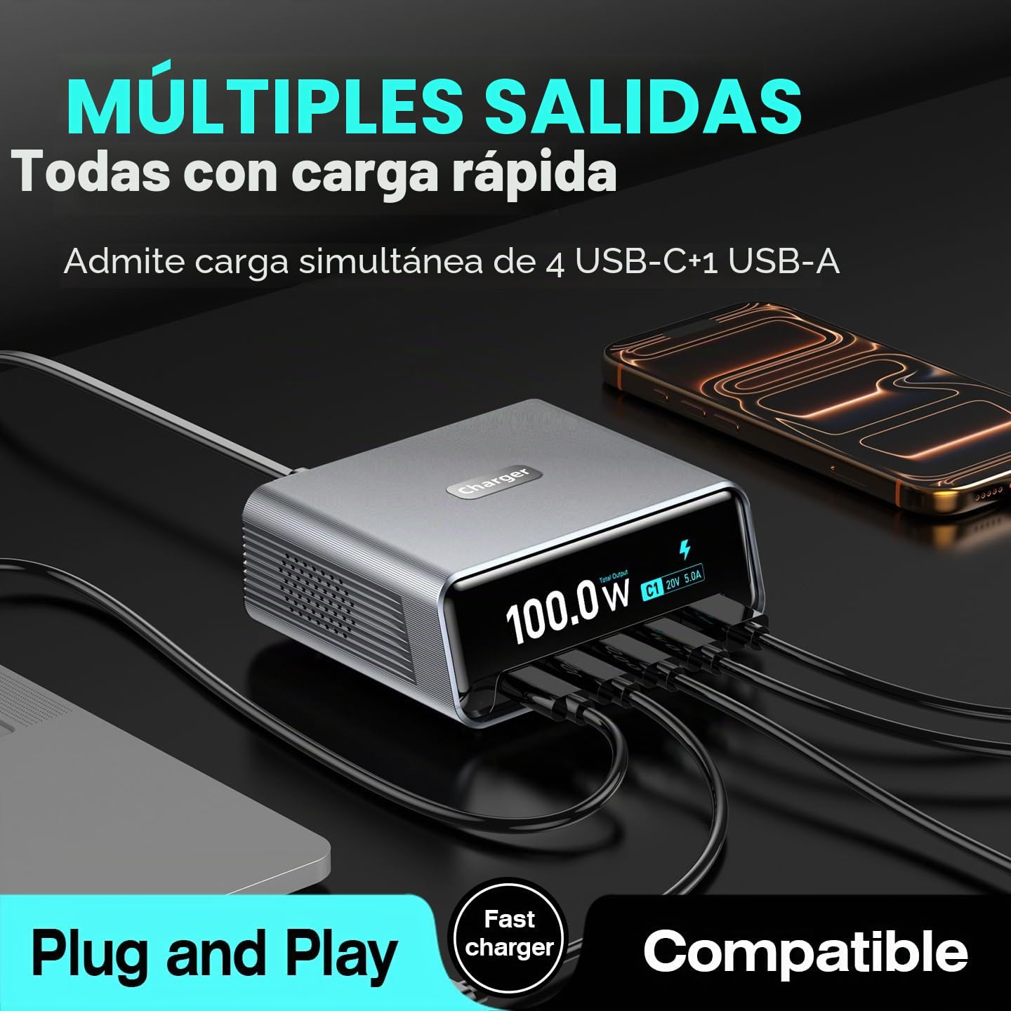 Estación de carga de escritorio inteligente, estación de carga USB C GaN3 de 100W, ultrarrápida de 5 puertos, USB C con PD3.0 de 100W, QC3.0, pantalla LCD de 2,25" y dial de control inteligente