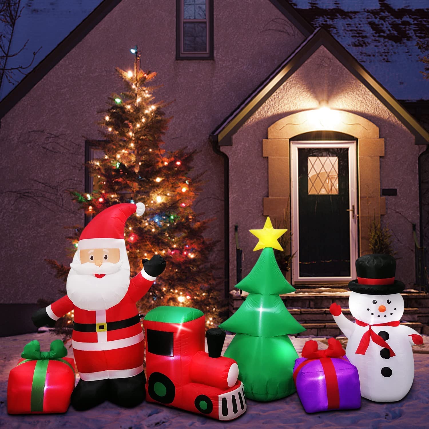 Photo 1 of 9.6 Ft Christmas Inflatables Outdoor Decorations - 6 Lights Christmas Decorations Outdoor Yard, Santa and Snowmen Carry with Inflatable Christmas Tree, Outdoor Decorations for Patio White