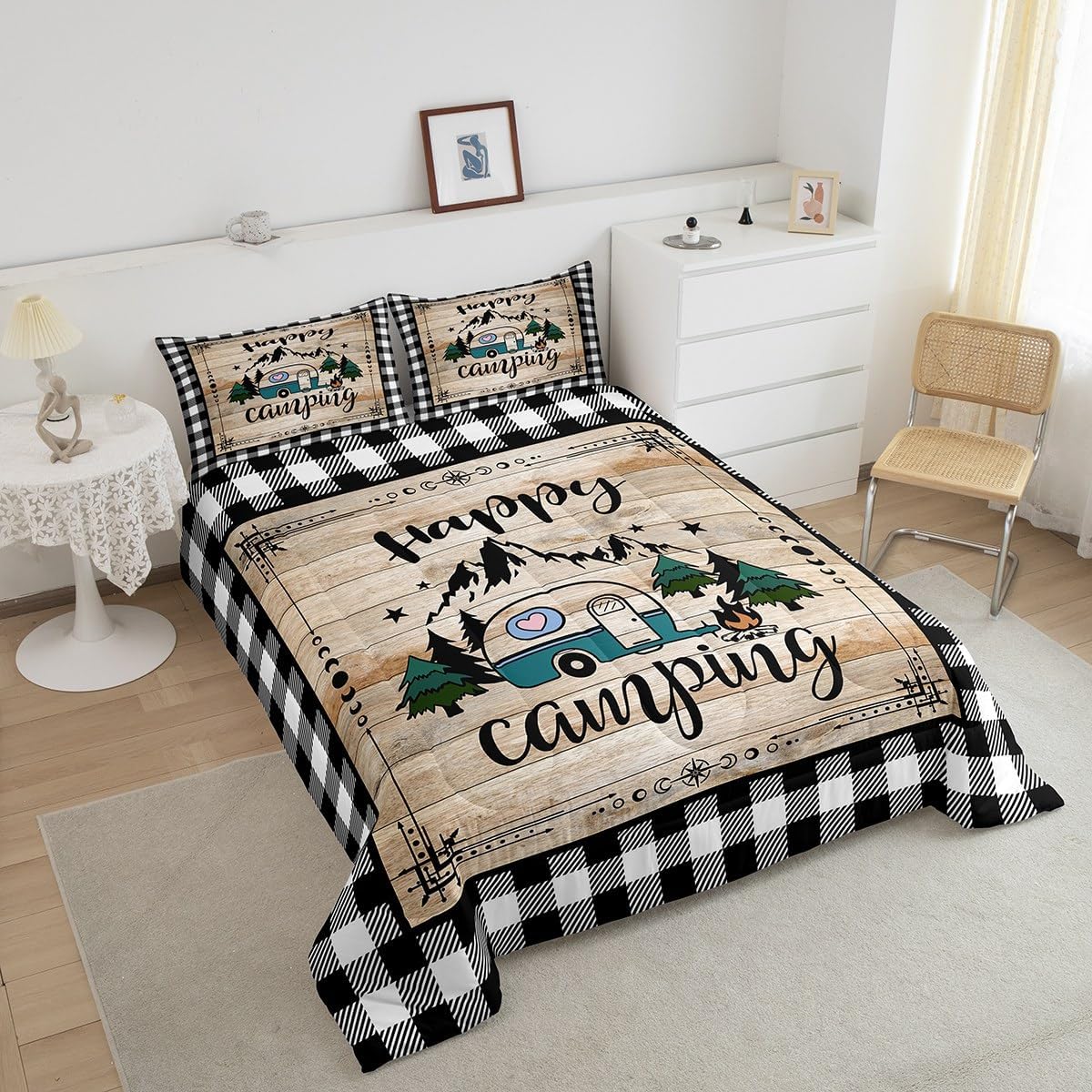 Erosebridal Camp Travel Car Comforter Set Balck and White Buffalo Plaid Queen Bedding Sets for Girls, Camping Decor for Camper Quilt, Vintage Brown Barn Door Plank Cottage Cabin Farmhouse Decor