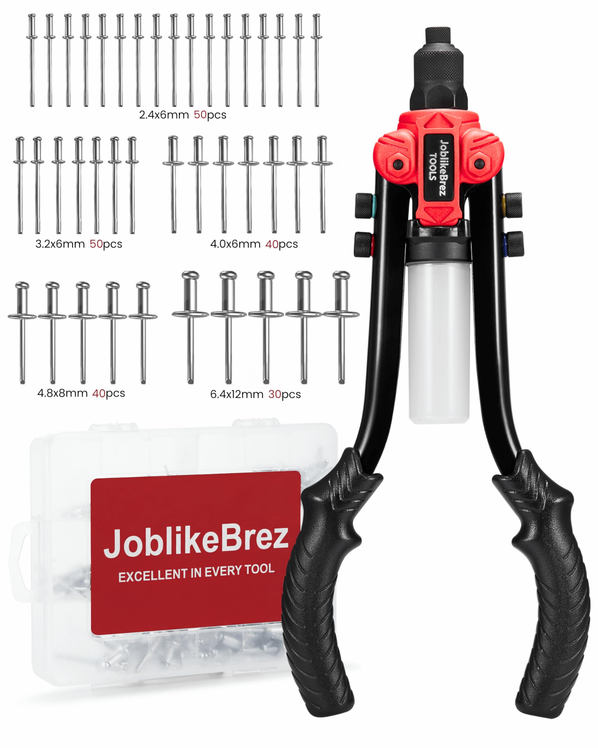JoblikeBrez Profi Nietenzange Nietzange Set mit 210 Blindnieten (2,4–6,4 mm) | Große 33 cm Blindnietzange mit Auffangbehälter | Schwerlast-Nietzange für Auto, Metall und Heimwerkerarbeiten