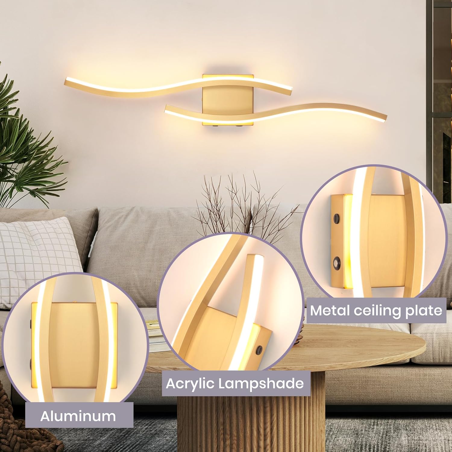 Battery Operated Wall Sconces, Rechargeable Wall Sconces, 3000K-6500K LED Wireless Wall Light, Modern Wall Lamp not Hardwired for Living Room Bedroom Hallway, 31.5in-Gold - Image 8