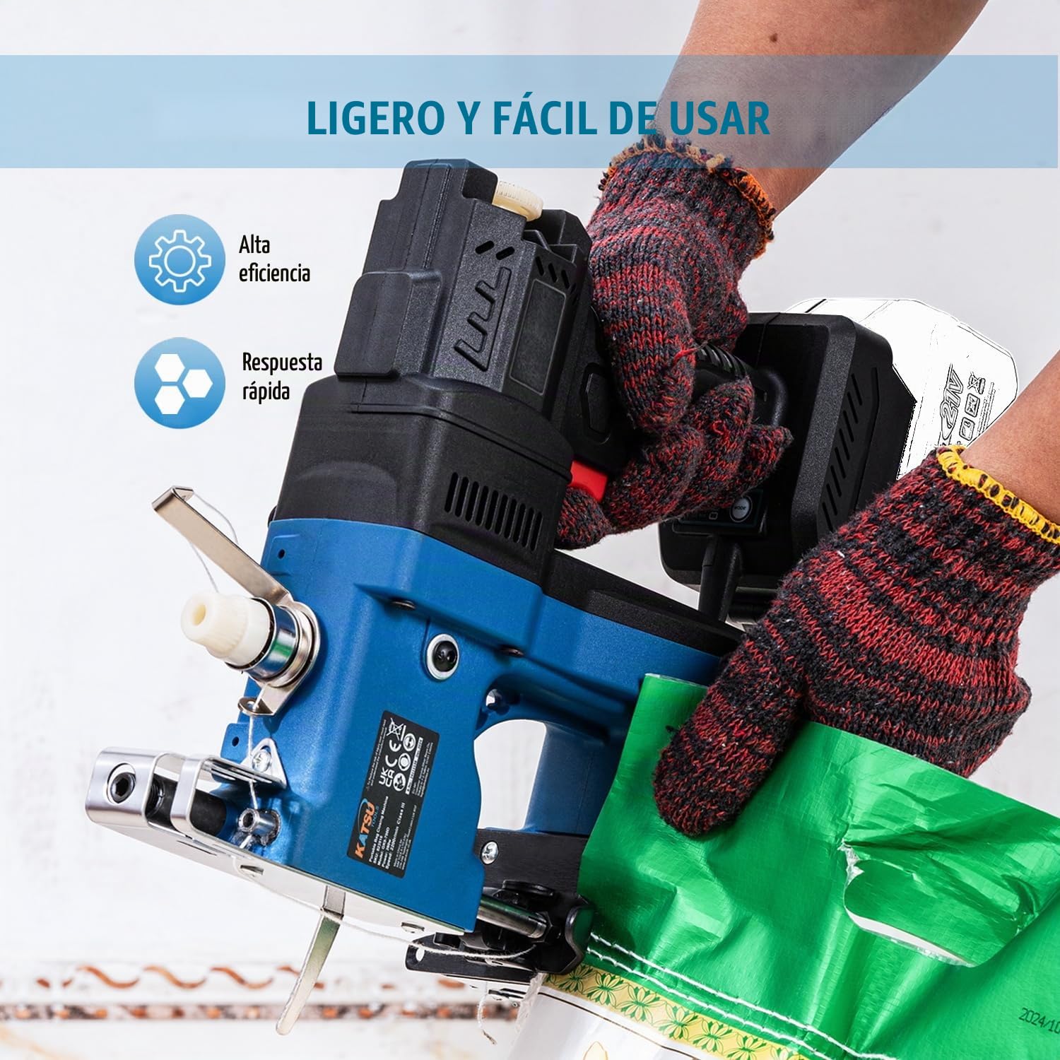 KATSU FIT-BAT 823516 - Máquina de coser inalámbrica sin escobillas de 18/21 V, 5 agujas de coser adicionales, para bolsas tejidas/sacos/papel/plástico, sin batería