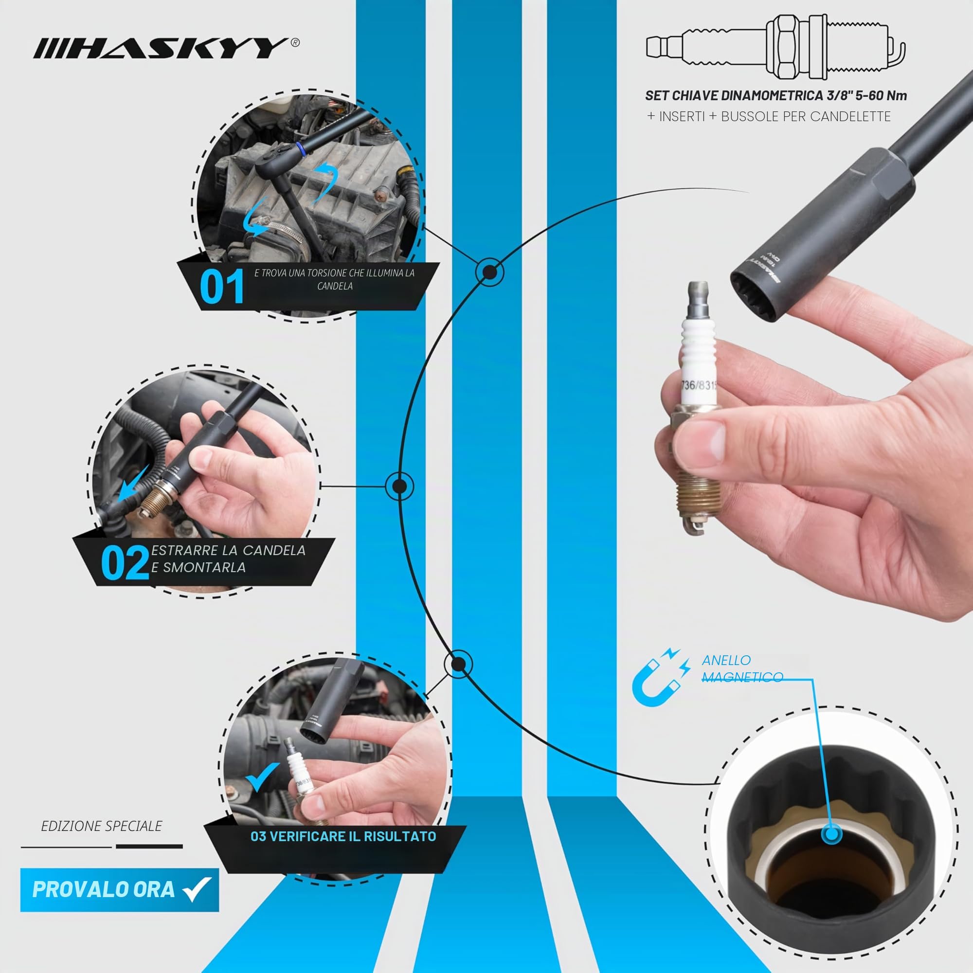 HASKYY Set di chiavi dinamometriche 3/8" 5-60Nm per moto - Accessori: asta di prolunga, bit, inserti speciali per dadi, adattatori - Kit di strumenti per riparazione e servizio motore chopper - Serie