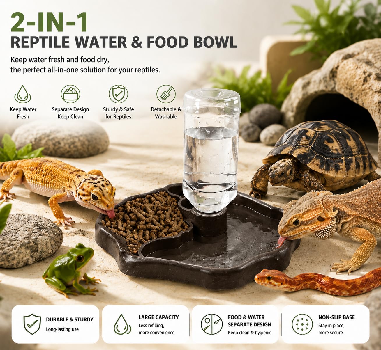 Futternapf für Schildkröten Tränke, ZoneYan Reptilien Wasserschale mit Flasche, Terrarium Wasserschale, Reptilien Wasserspender für Schildkröten, Geckos, Schlangen, Frösche (Schwarz,L)
