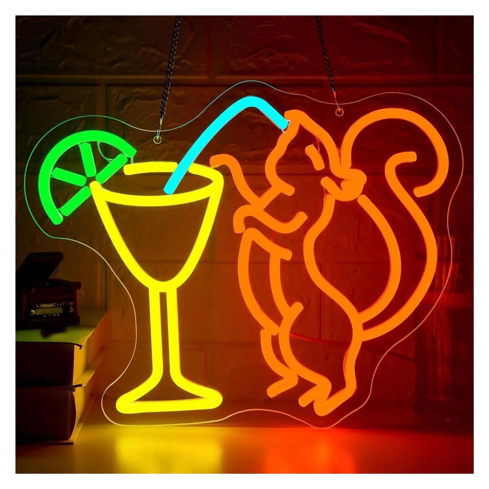 RONGCH Hanging Art Signs Squirrel Cocktail Neon Sign for Home Bar Beer Man Cave Birthday Party Shop USB Dimmable LED Light 40cmx34.5cm