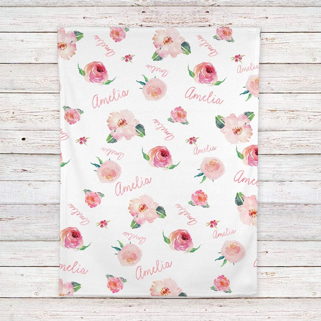 Personalized Fleece Baby Girl Blanket, Coral Pink Floral