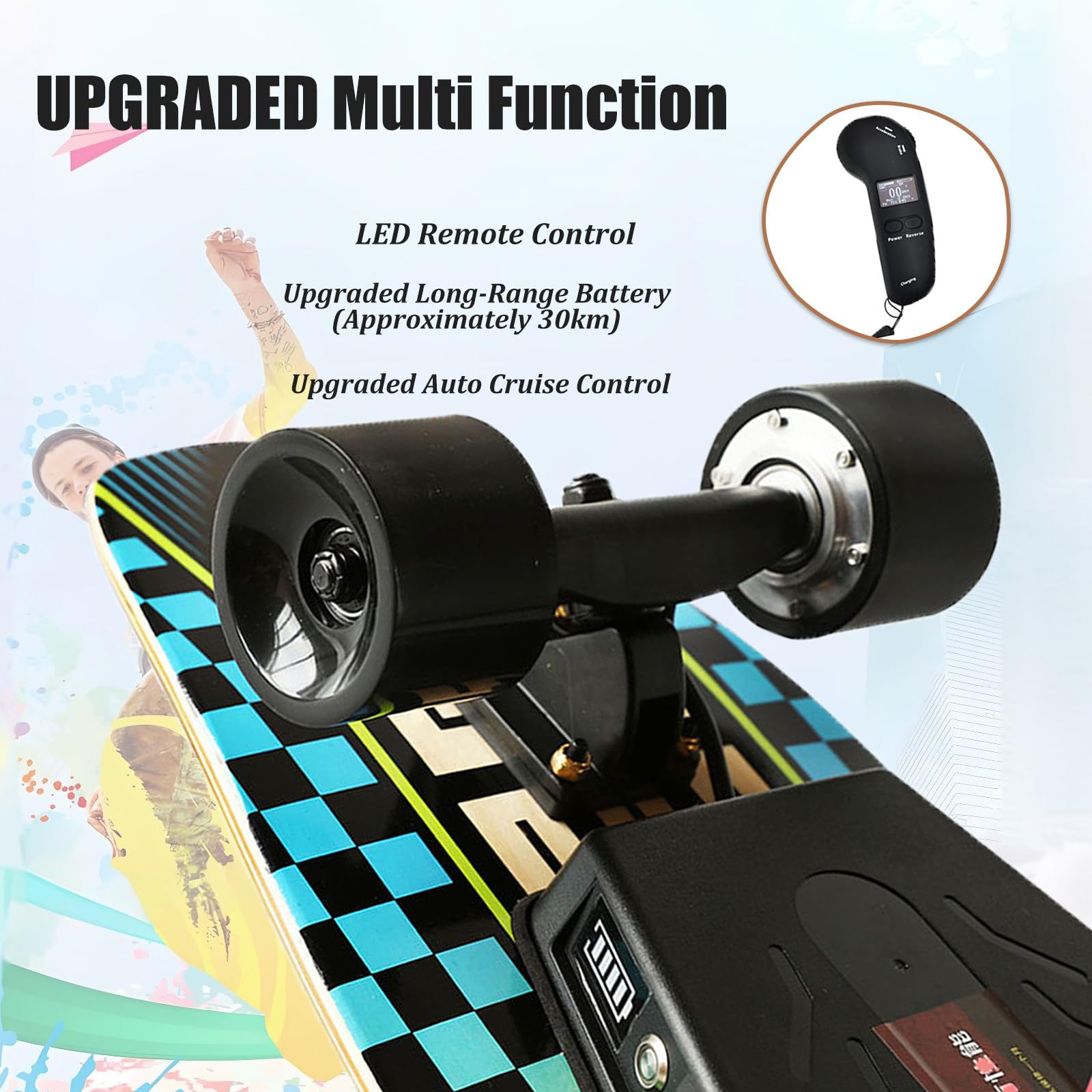Longboard Portable pour Débutants, Skateboard électrique Professionnel avec Télécommande et Régulateur de Vitesse, Autonomie de 26 km, Charge Rapide de 90 Min C-Dualdrive