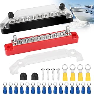 Bus Bar Terminal Block, Ground Power Distribution Block Busbar with Cover with M6 Terminal Studs M4 Terminal Screws, Battery Bus Bar with Ring Terminals for Car Boat Marine Caravan RV, Red & Black