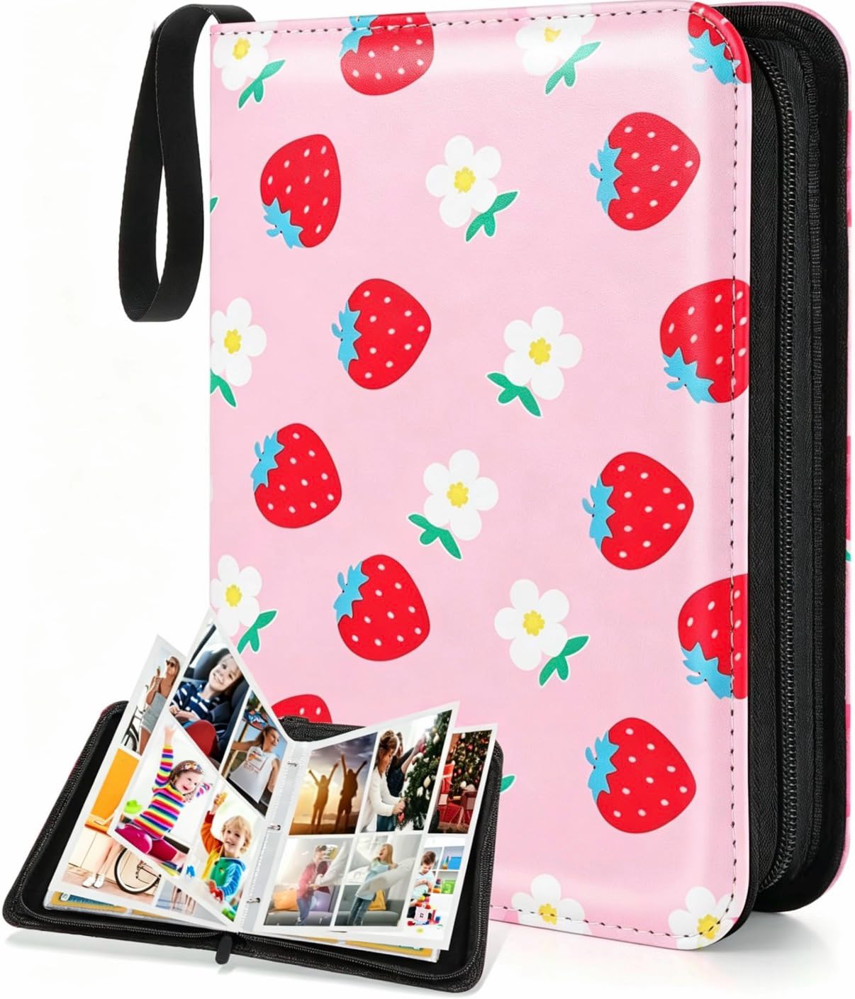 4-Pocket PU Trading Card Binder, 400 Cards, 50 Pages, Strawberry Print