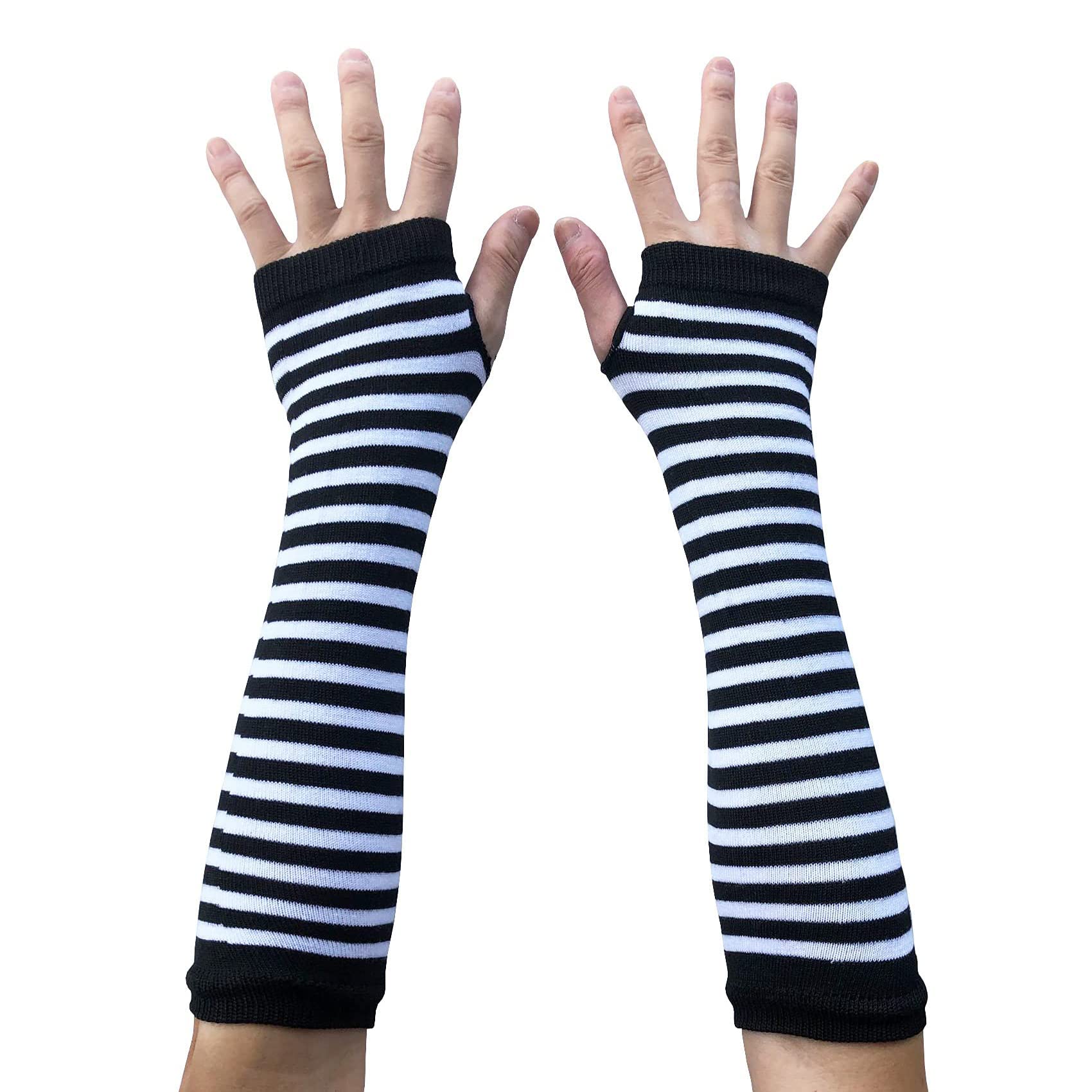 AUSUAYA Women Striped Long Fingerless Warm Gloves, Winter Arm Warmers For Punk Rock/Cosplay/Goth Party WM-S-G5 (Black and White Striped)