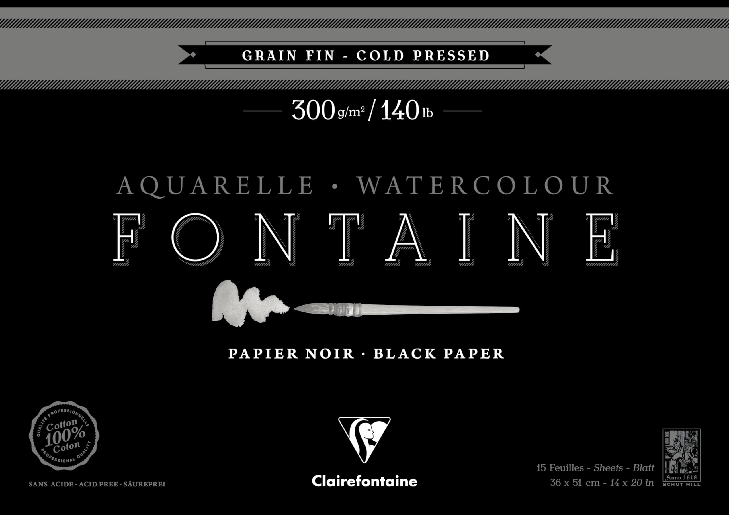 Clairefontaine 975306C - Malblock Fontaine verleimt mit 20 Blatt, feine Körnung 36x51 cm 300g, Schwarz