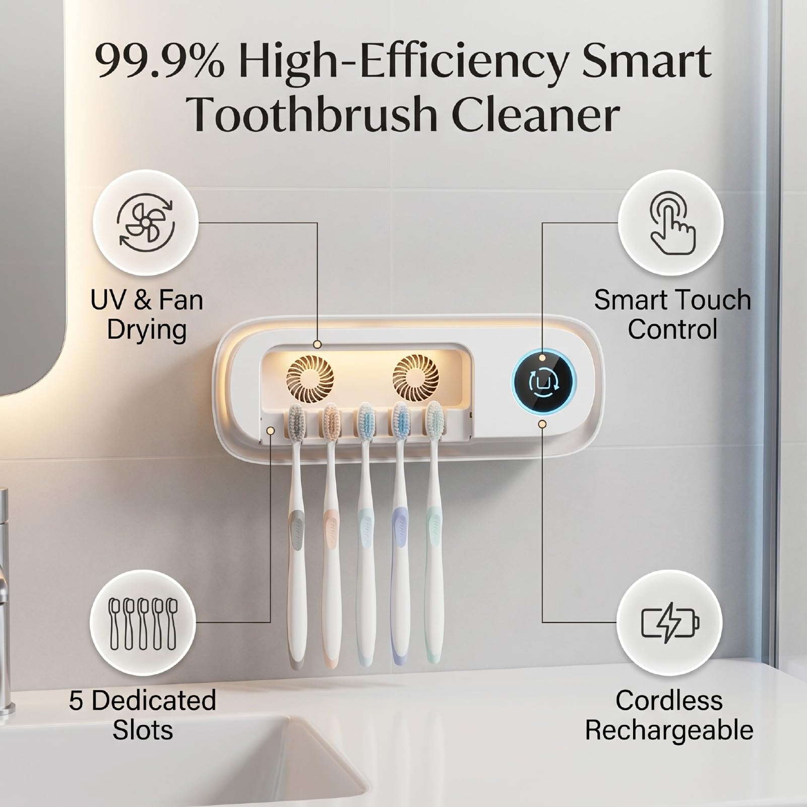 Fabater Soporte para Cepillos de Dientes para Baño, Limpiador Inteligente de Cepillos de Dientes de 5 Ranuras para Montaje en Pared con Pantalla, 99,9% de Eficiencia de Limpieza