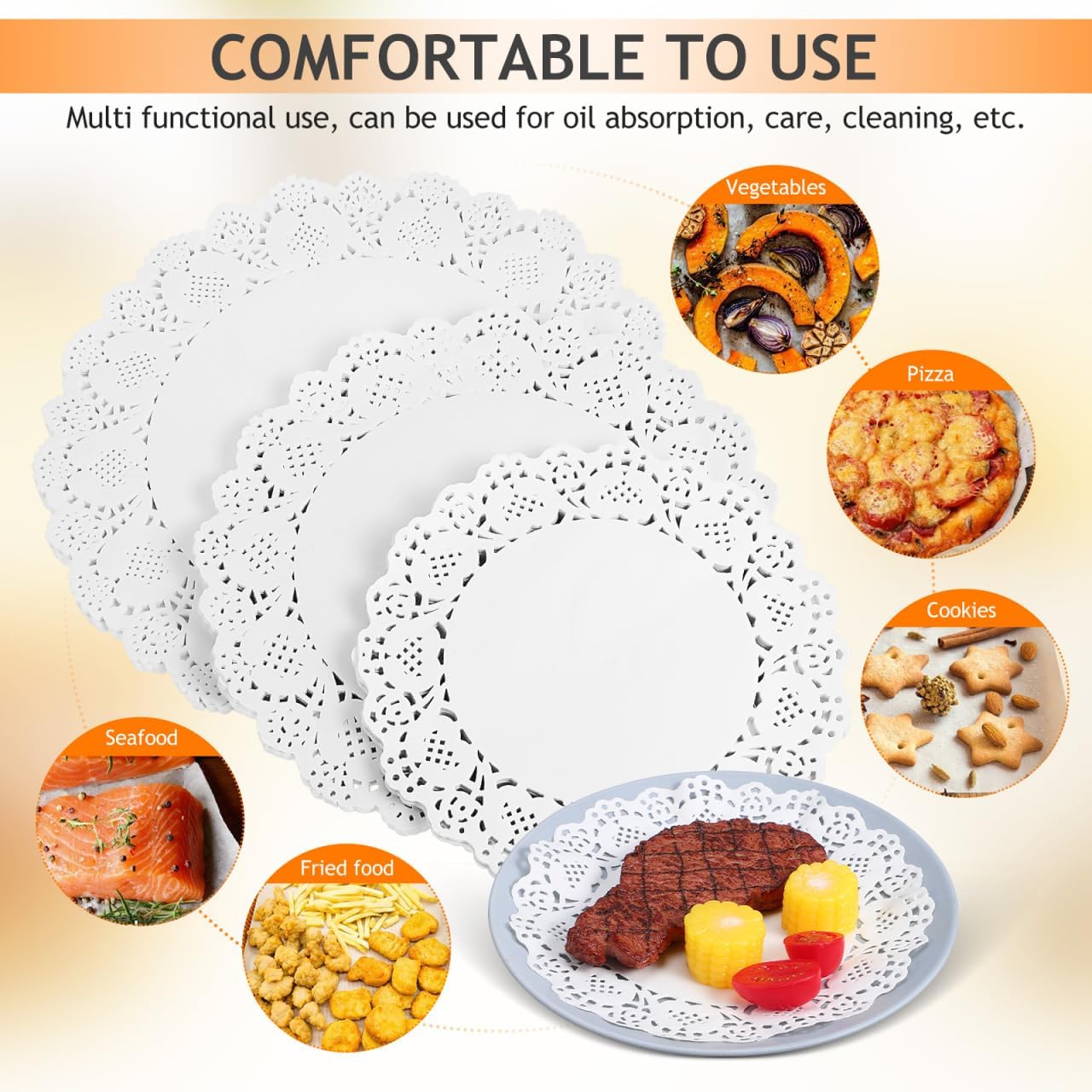 Hemobllo 300 Pcs Assorted Round Paper Doilies Oil Absorbing Sheets Lace Placemats for Cakes Desserts Fried Food Table Decoration Kitchen Use