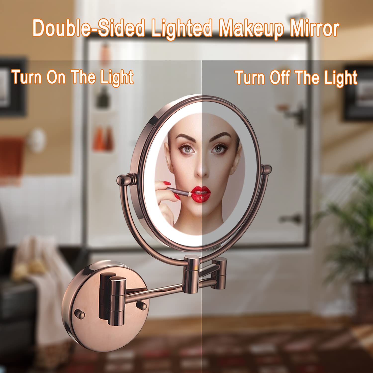SWHC Miroir Grossissant Lumineux, Miroir Maquillage Mural Miroir Cosmétique Noir Mat 8 Pouces Miroir de Rasage Pivotant à 360° Mirroir Murale Double Face, USB Rechargeable