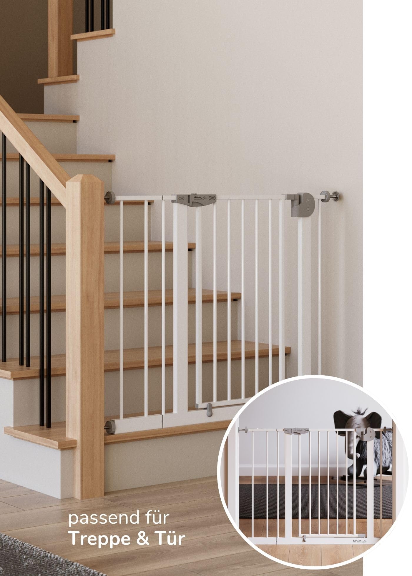 Sämann Türschutzgitter & Treppenschutzgitter zum Klemmen ohne Bohren | für Öffnungen von 112-127 cm | selbstschließendes Absperrgitter mit Verlängerung | Absperrgitter | mit Y-Spindel