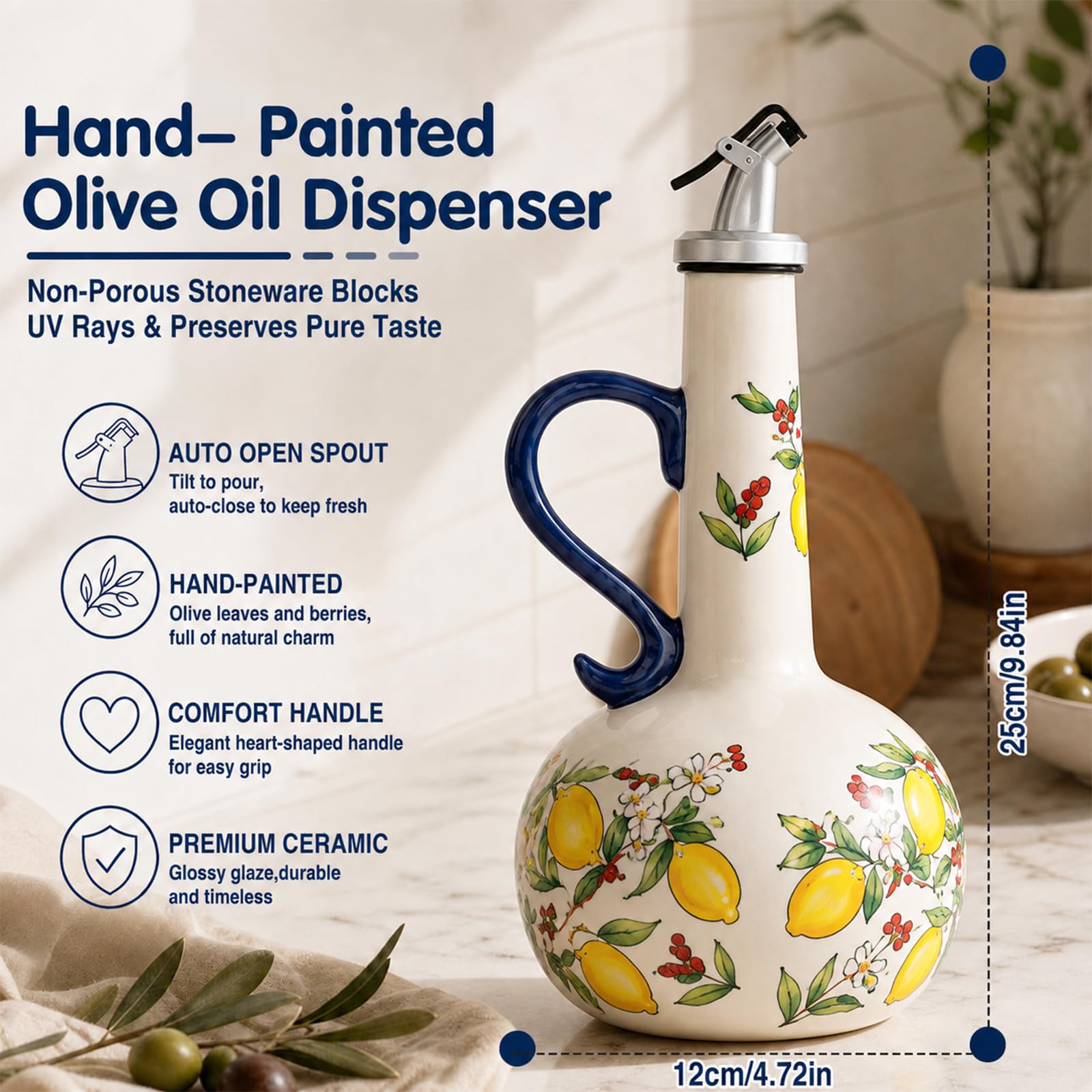 Dispenser di olio d'oliva in ceramica con beccuccio in acciaio inox