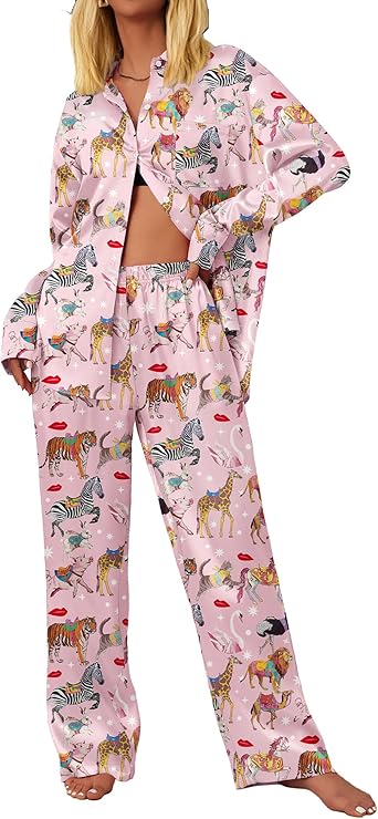 Ekouaer Womens Satin Silky Pajama Set 2 Piece Print PJs Soft Loungewear Button Down Sleepwear with Elastic Waist Long Pants