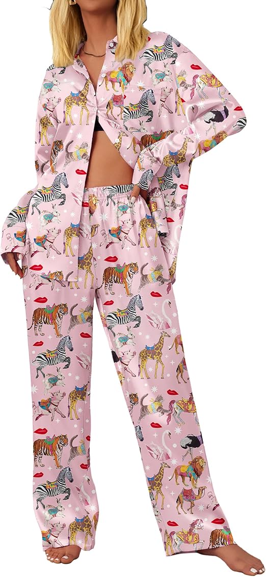 Ekouaer Womens Satin Silky Pajama Set 2 Piece Print PJs Soft Loungewear Button Down Sleepwear with Elastic Waist Long Pants