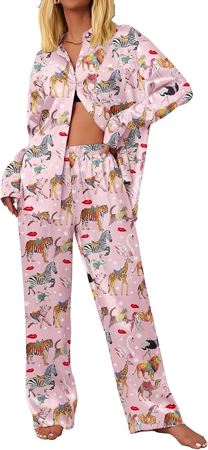 Ekouaer Womens Satin Silky Pajama Set 2 Piece Print PJs Soft Loungewear Button Down Sleepwear with Elastic Waist Long Pants