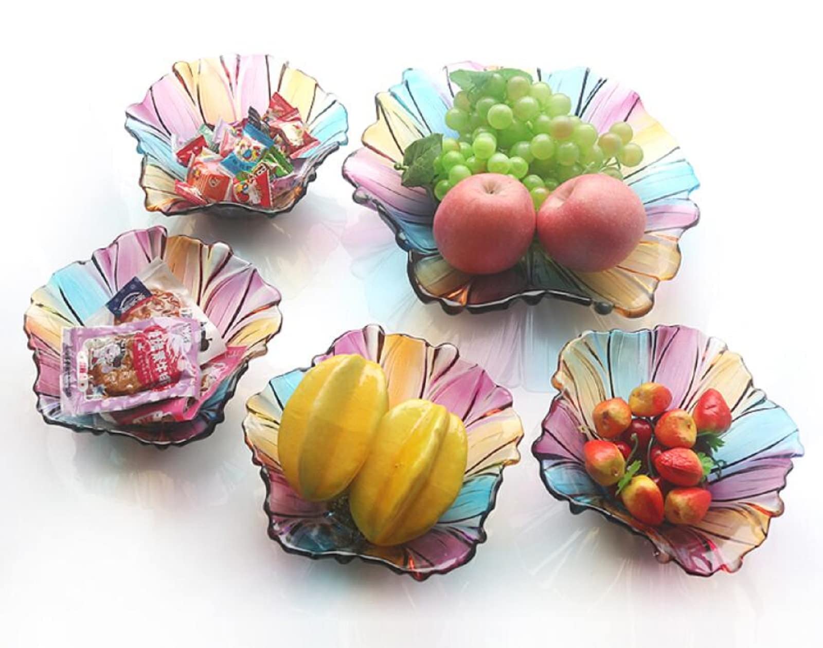 Portafrutta, ciotole in vetro, piatto frutta colorato, con coperchio, bicchiere caramelle, contenitore in latta per biscotti, piatto frutta + bicchiere caramelle
