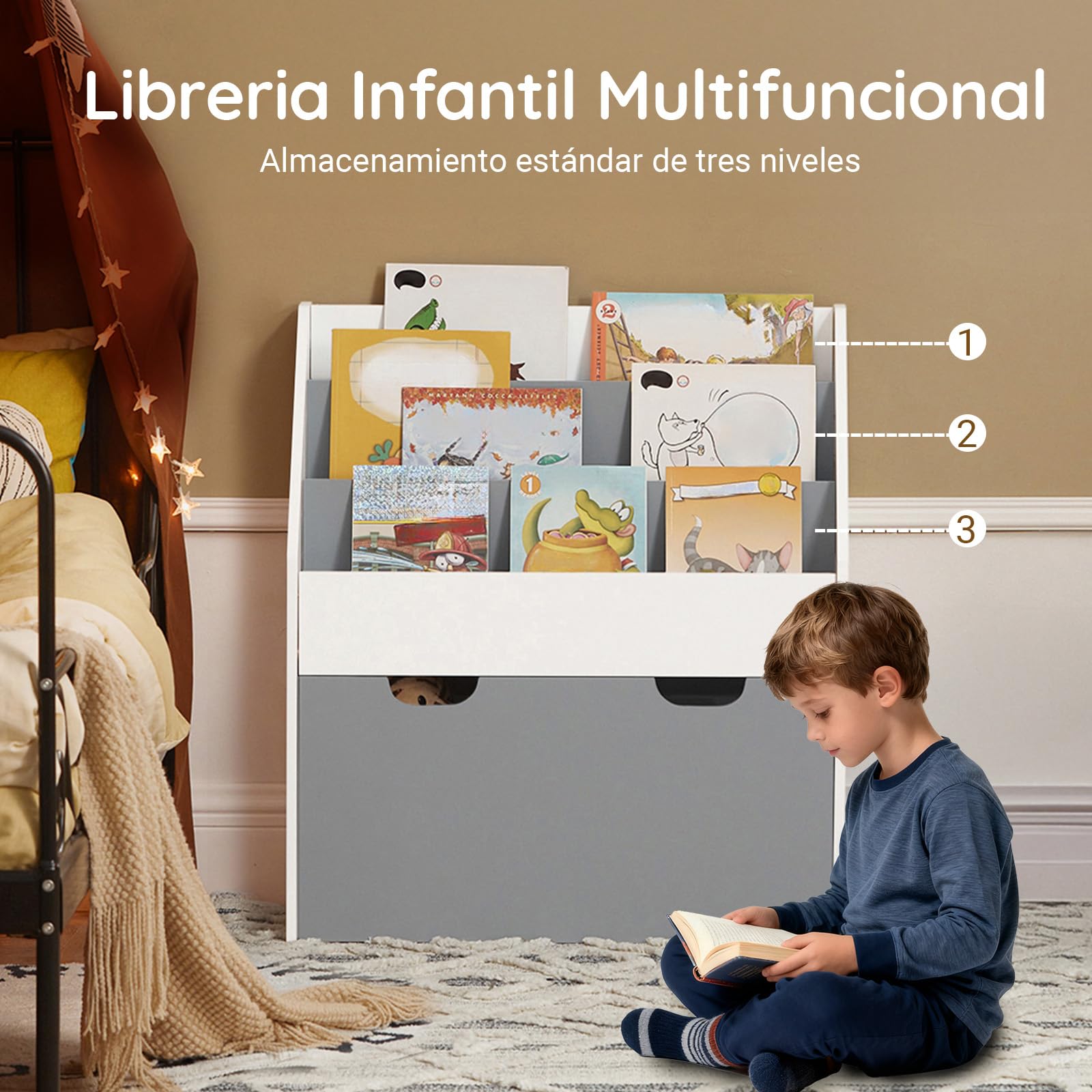 SoBuy Bibliothèque Enfant, Meuble Rangement Enfant avec 3 Niveaux et 1 Boîte de Rangement, Étagère Livre et Meuble Rangement Jouet pour Chambre, Coffre a Jouet, Blanc/Gris 62,5x30x70cm KMB17-HG