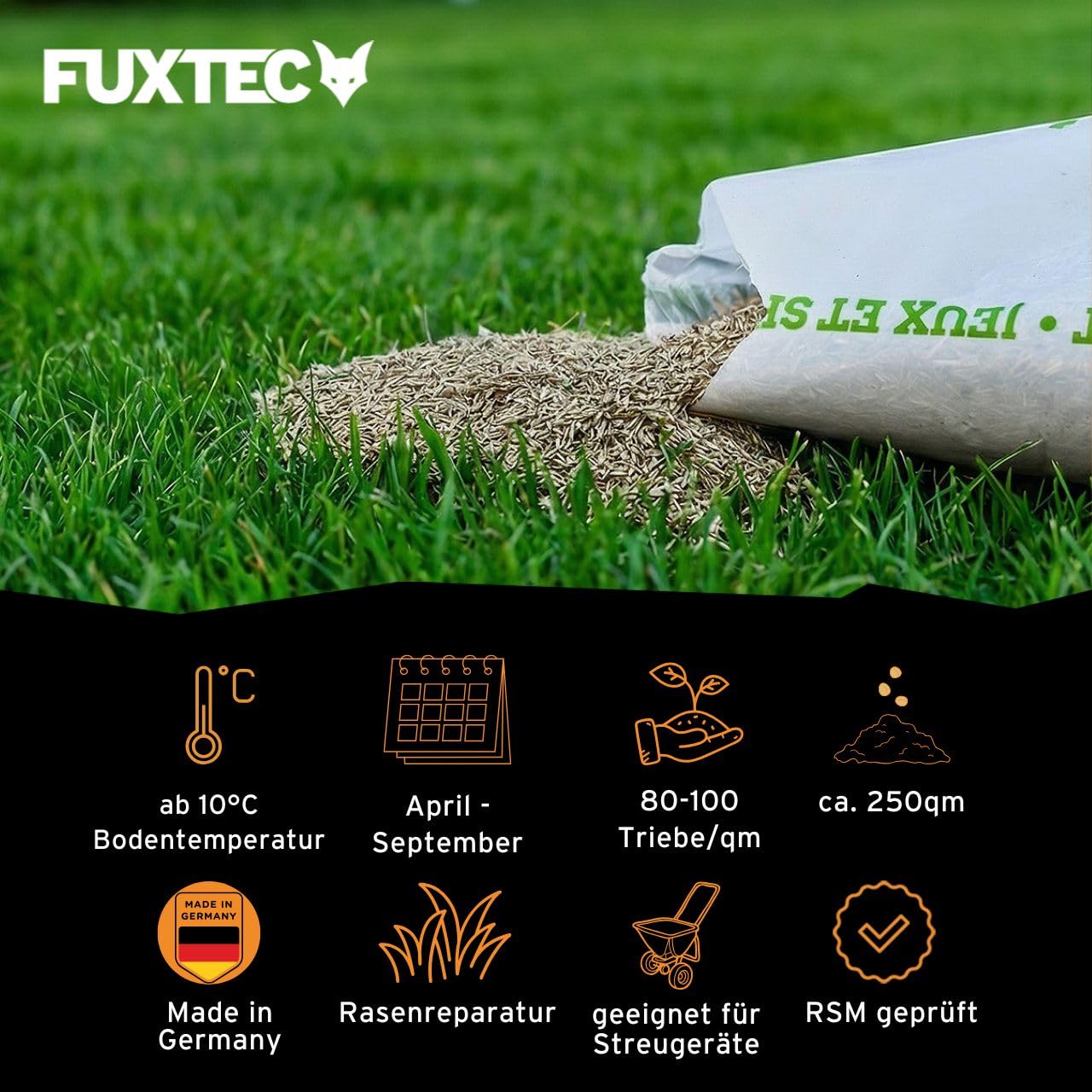 FUXTEC Rasensamen Spiel- & Sportrasen FX-RSSP5 5 kg • robuster Gartenrasen für Neuansaat und Nachsaat • Grassamen für Garten und Sportfläche • keimstarke Rasensaat • für ca. 250 m²