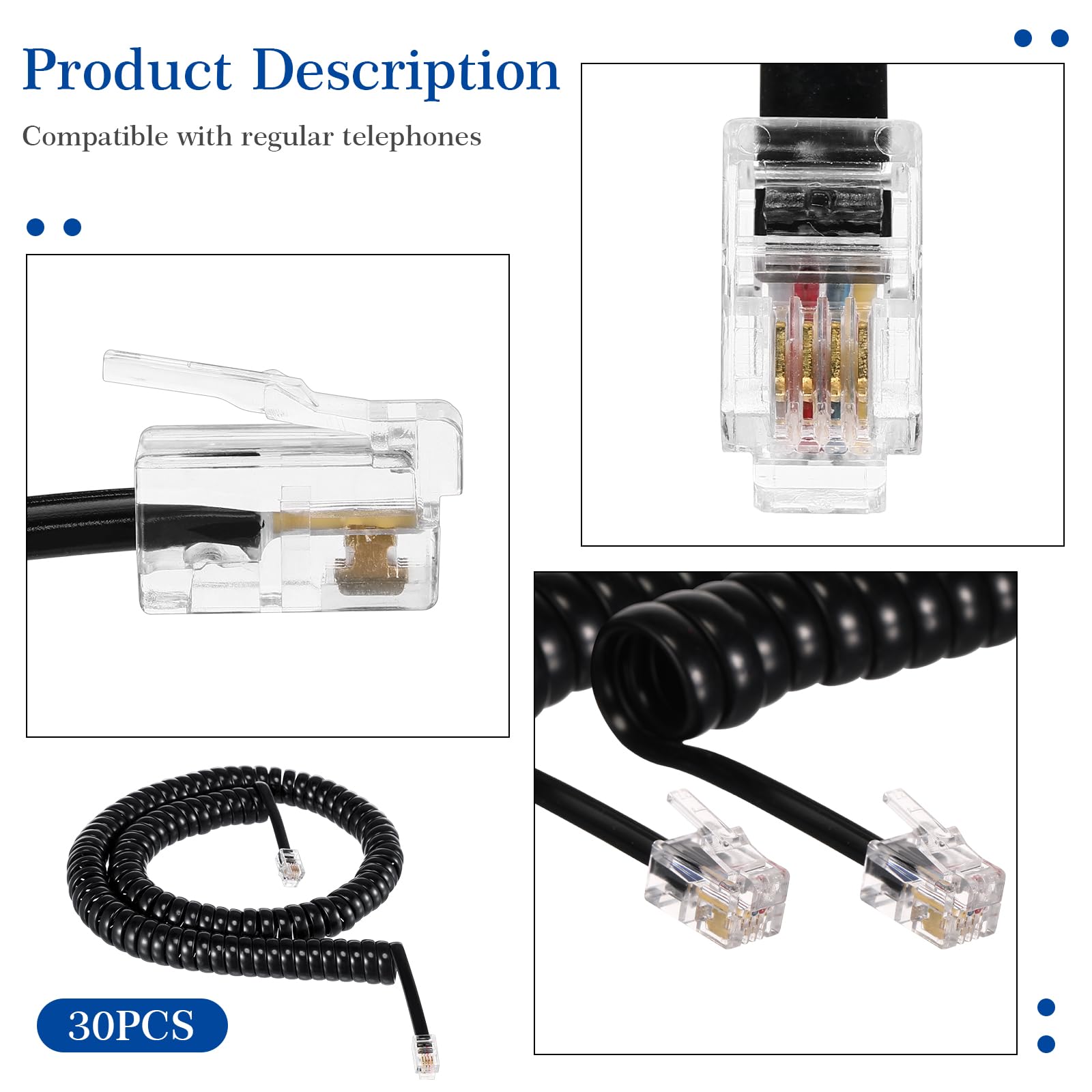 Kanayu Paquete de 30 cables negros de teléfono de 12 pies para cable de teléfono fijo en espiral a granel para uso con todas las líneas telefónicas fijas, accesorios de cable de repuesto