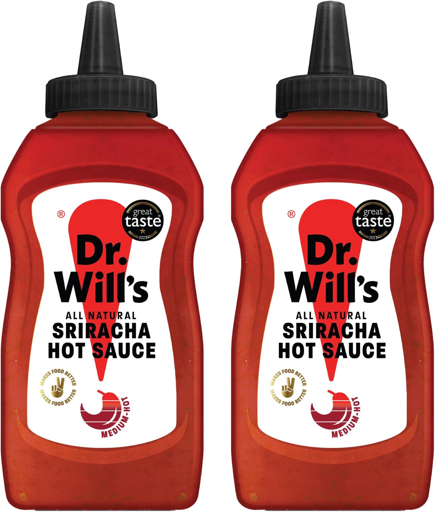 Dr Will's Hot Sriracha Sauce in Easy Squeeze Bottle | Made with Fermented Chillies | Sweetened Naturally | Keto | Vegan | Gluten Free - 525 g (Pack of 2)