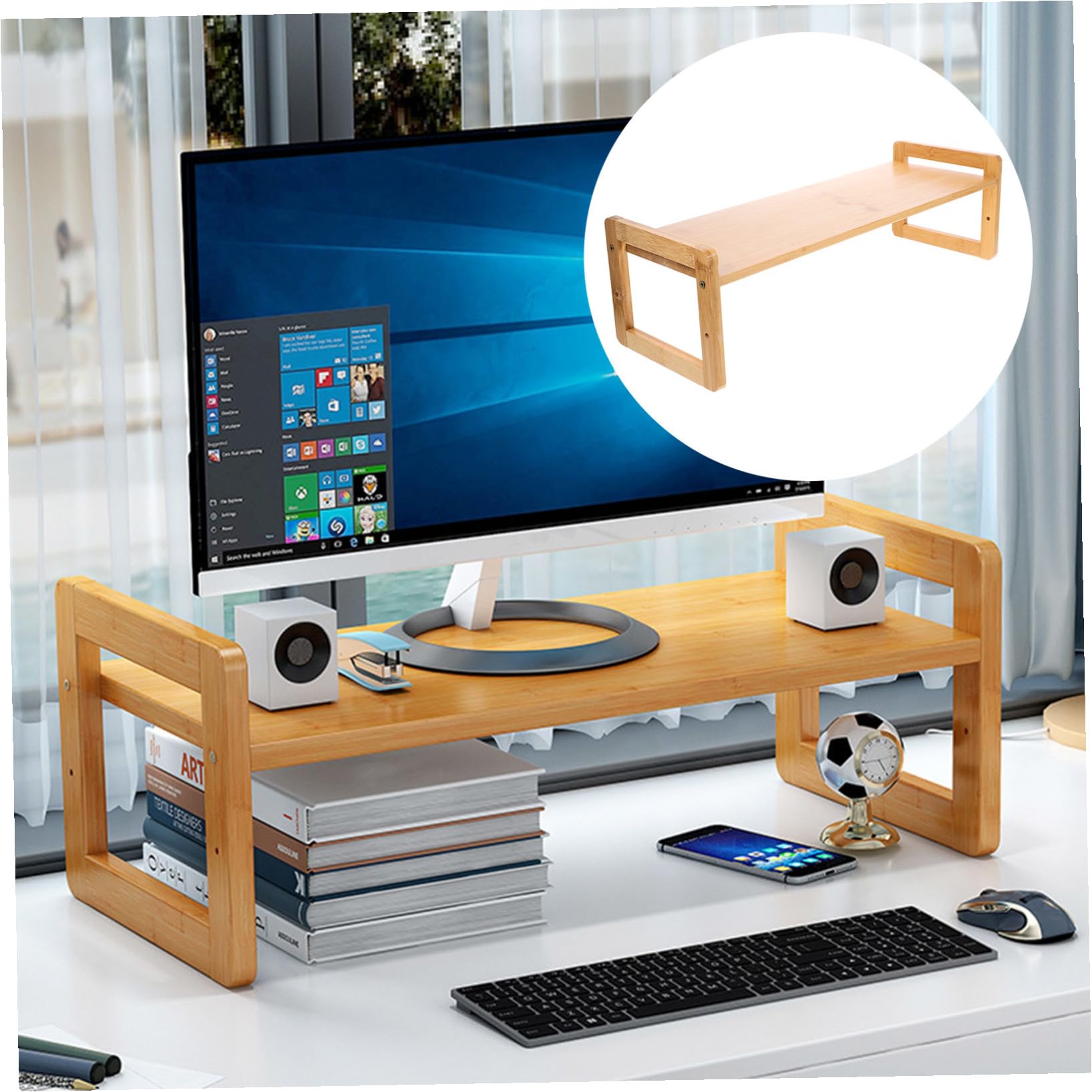 Supporto Rialzato per Monitor in Bamboo Naturale Organizzatore da Scrivania con Ripiano Singolo Elevatore per Computer Ergonomico e Multifunzionale per Ufficio e Laptop
