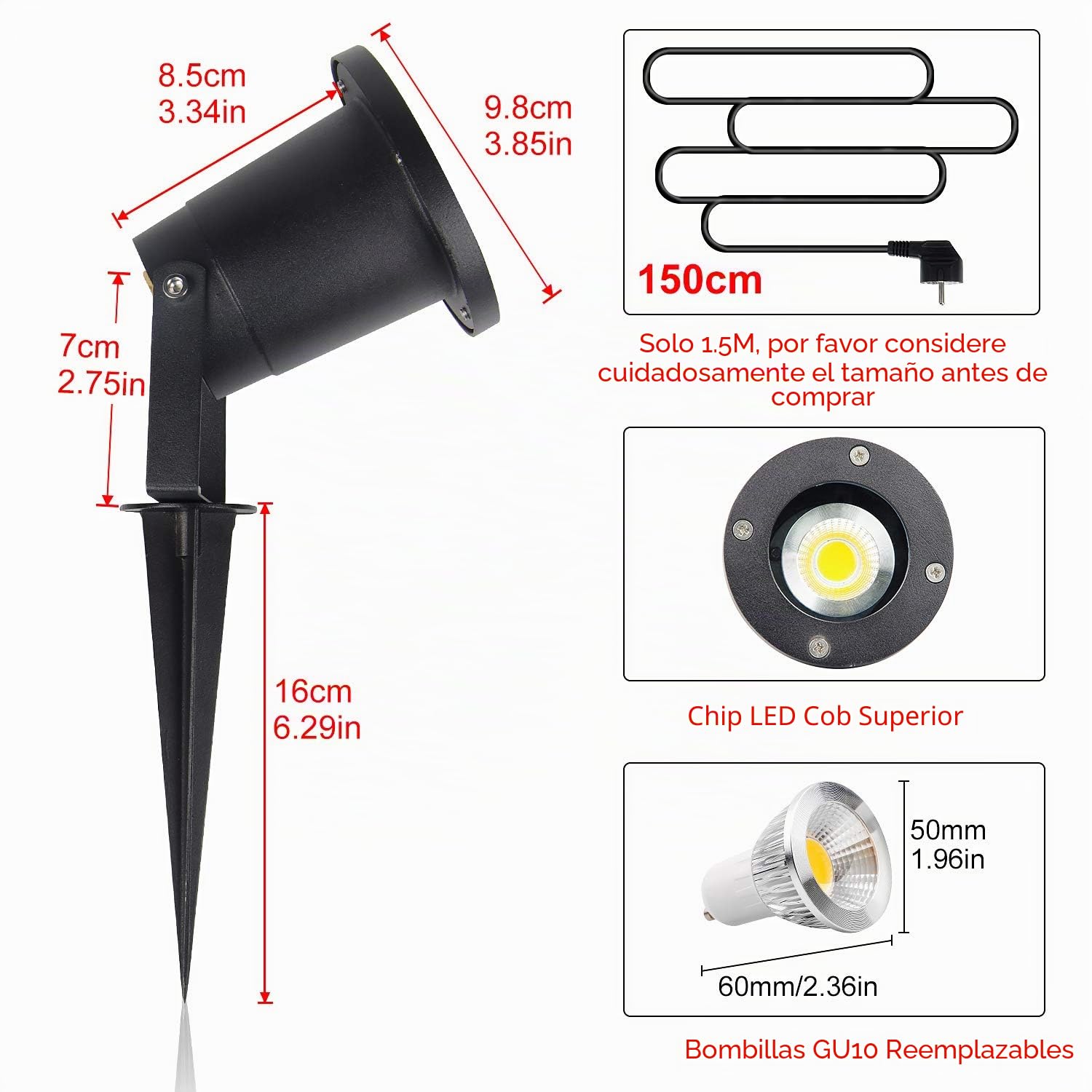 CPROSP 4 Packs 5W LED Impermeable IP65, Luz de Paisaje al Aire Libre, LED lámpara con espiga de césped, Blanco Cálido 3000K para Jardín Terraza Escaleras Garaje, con 150cm Cable de alimentación
