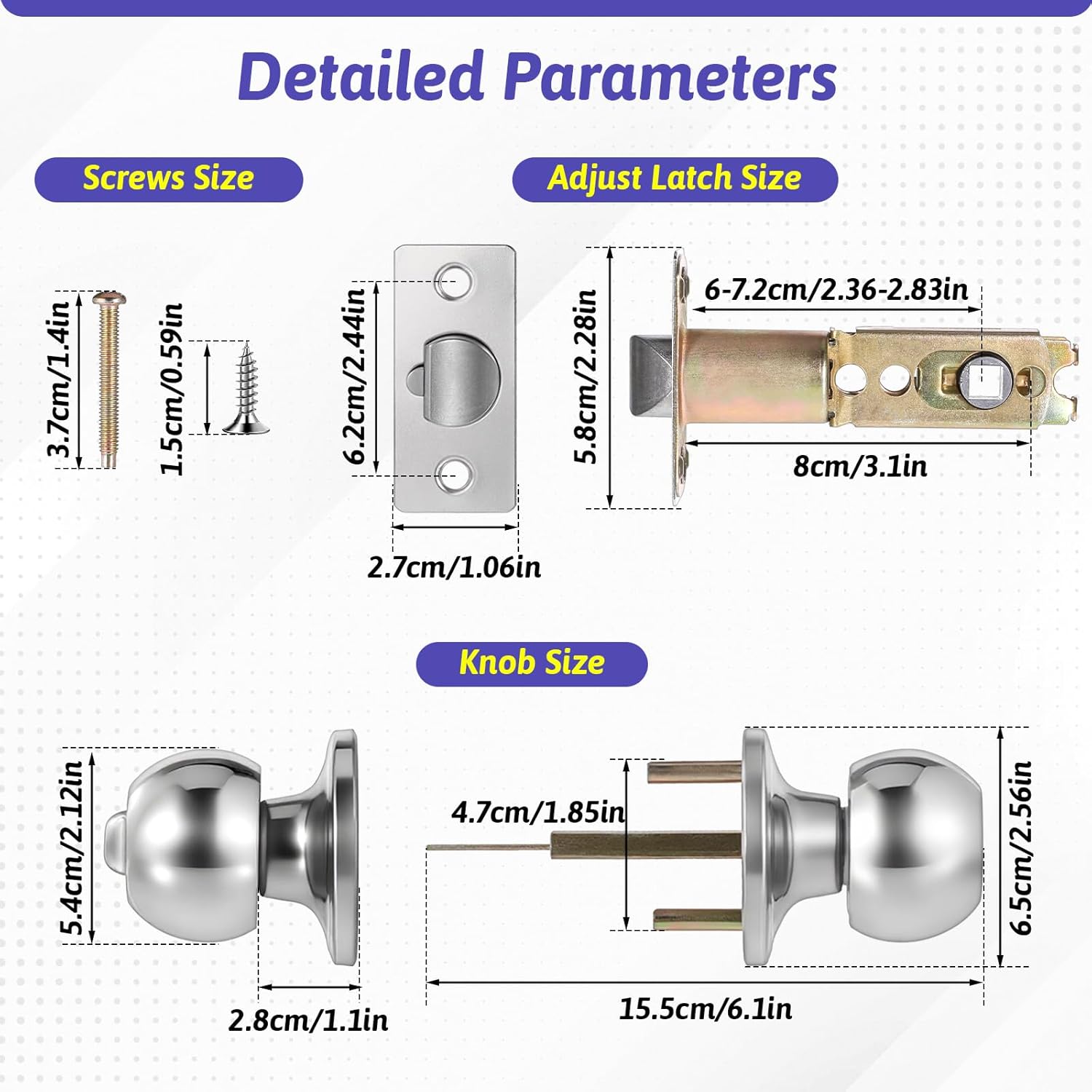 6Pcs Door Knob with Lock and Key, Stainless Steel Exterior Door Locks 60-70mm Adjustable Latch Interior Door Knobs Lock for Bedroom Bathroom Entry Doors, Silver