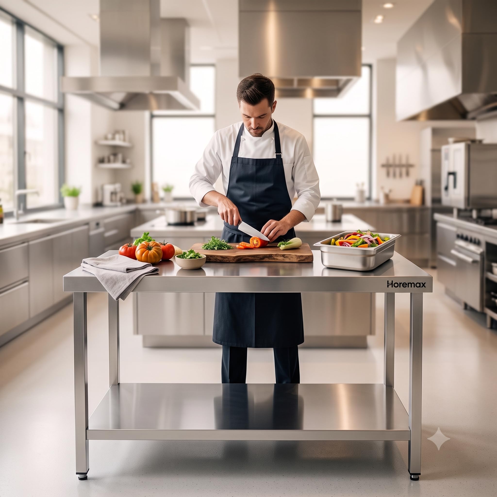 Mesa de Trabajo Central para Cocina Profesional, Acero Inoxidable AISI 304, Estante Inferior y Patas Regulables, 150 x 70 x 85 cm