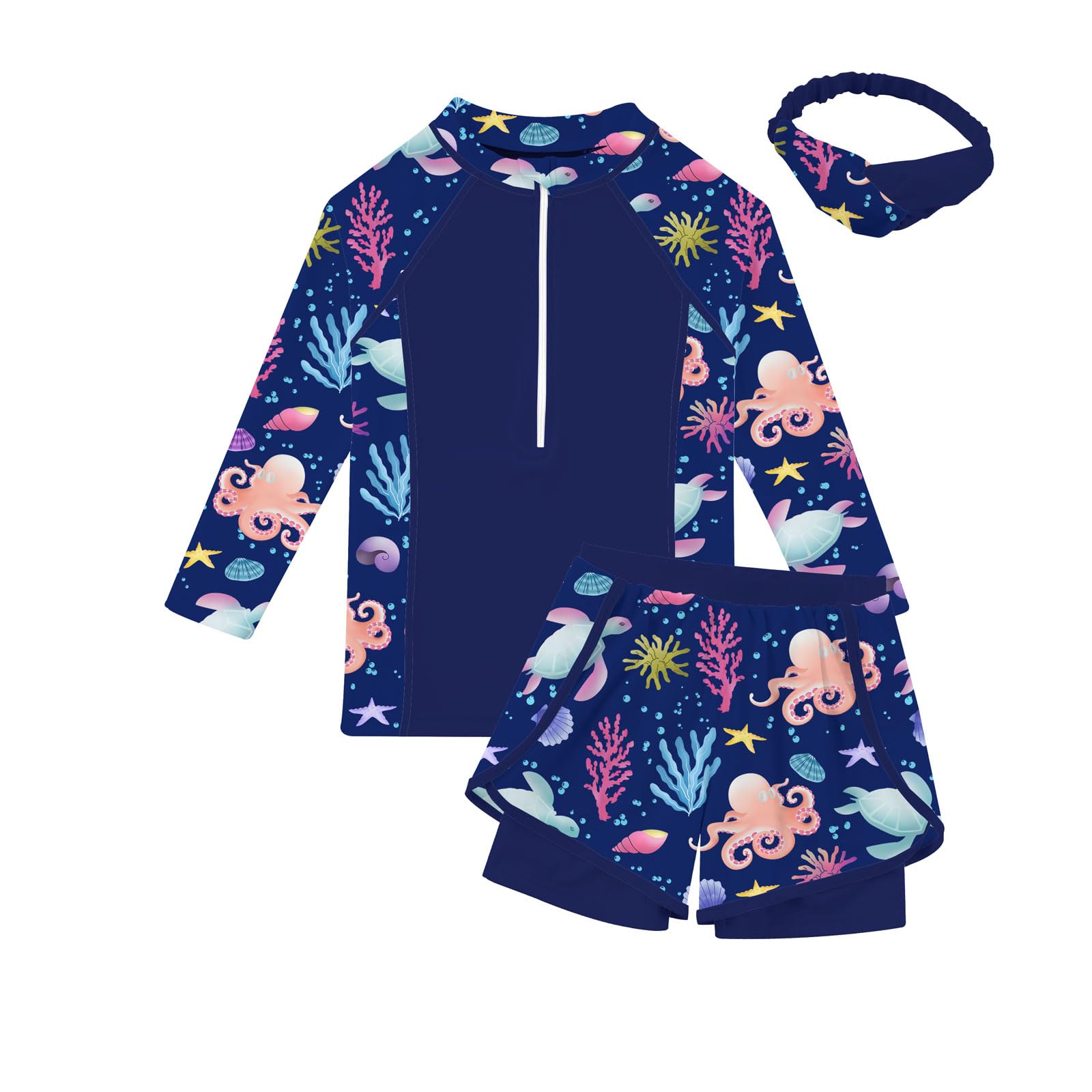 Idgreatim 5-12 Years Girls Swimsuits 3 Piece Rashguard Set with Headband Long Sleeve UPF 50+ Bathing Suit with Zipper