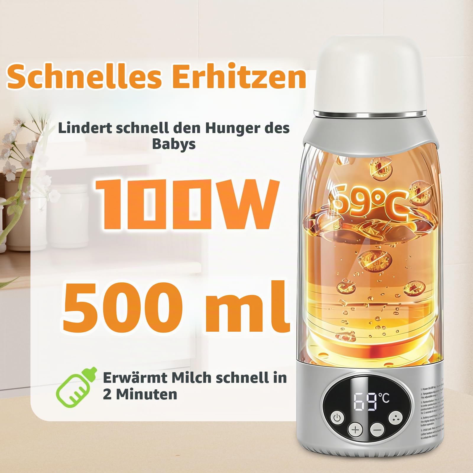 Flaschenwärmer Baby Unterwegs,Kindersicherung gegen,500ml Kapazität 12000mAh Akku, Schnelles Aufheizen 2 Min für Muttermilch&Wasser,cremefarben