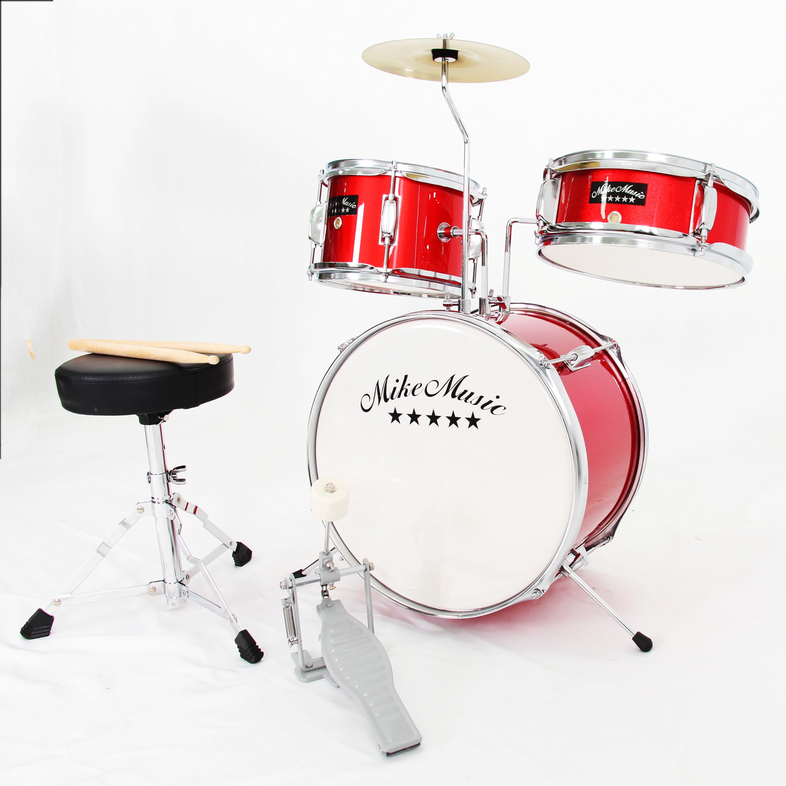 Mike Music Kids Drum Set Eastar 3-Piece for Beginners, 14 inch Drum Kit with Adjustable Throne, Cymbal, Pedal & Two Pairs of Drumsticks, Junior Drum Set with Bass Tom Snare Drum, Metallic Sky (Red)