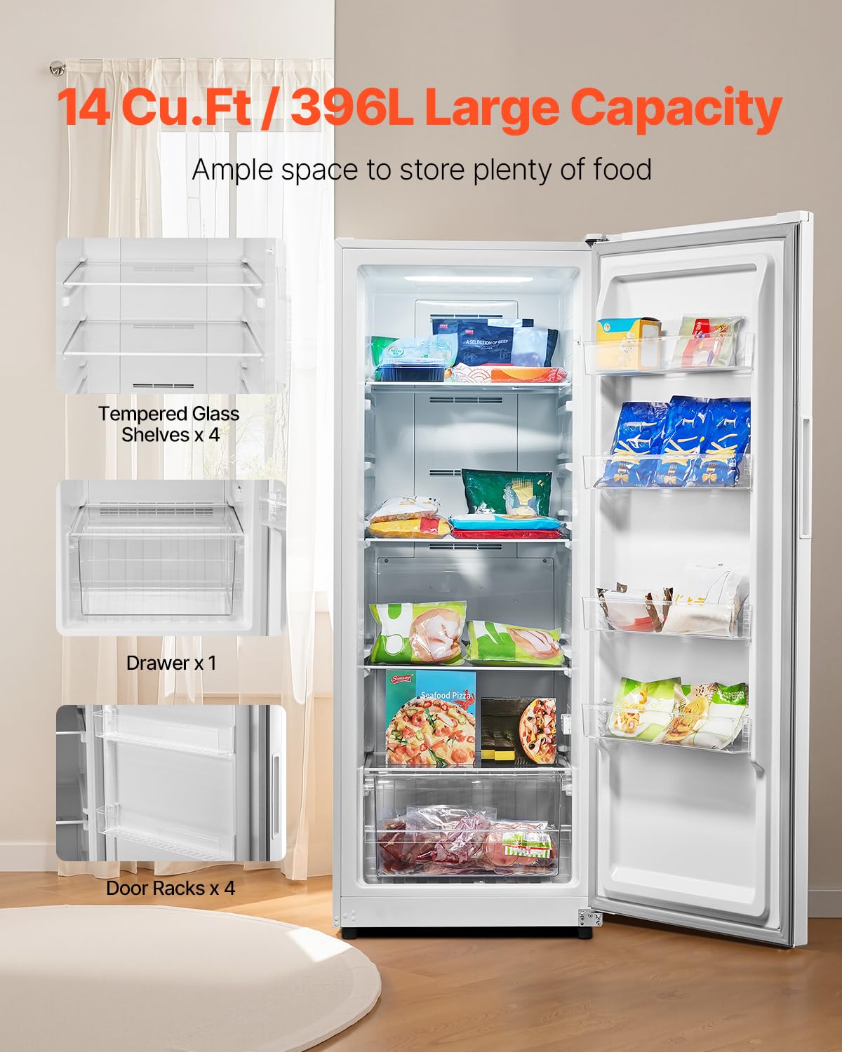 VEVOR Convertible Freezer/Refrigerator, 14 Cu.Ft Frost Free Upright Freezer With Temp Control Panel, Door Open Too Long Alarm, Adjustable Shelves And LED, Standing Fridge For Kitchen, Office, Garage on Fridge.com - View 3