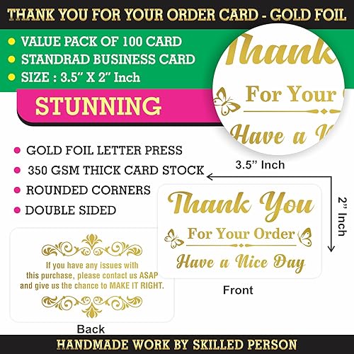 Miniatura 2 de PARTH IMPEX Tarjetas de agradecimiento por tu pedido (paquete de 100) 3.5 x 2 pulgadas, insertos de compra de lámina dorada que apoyan mi pequeña