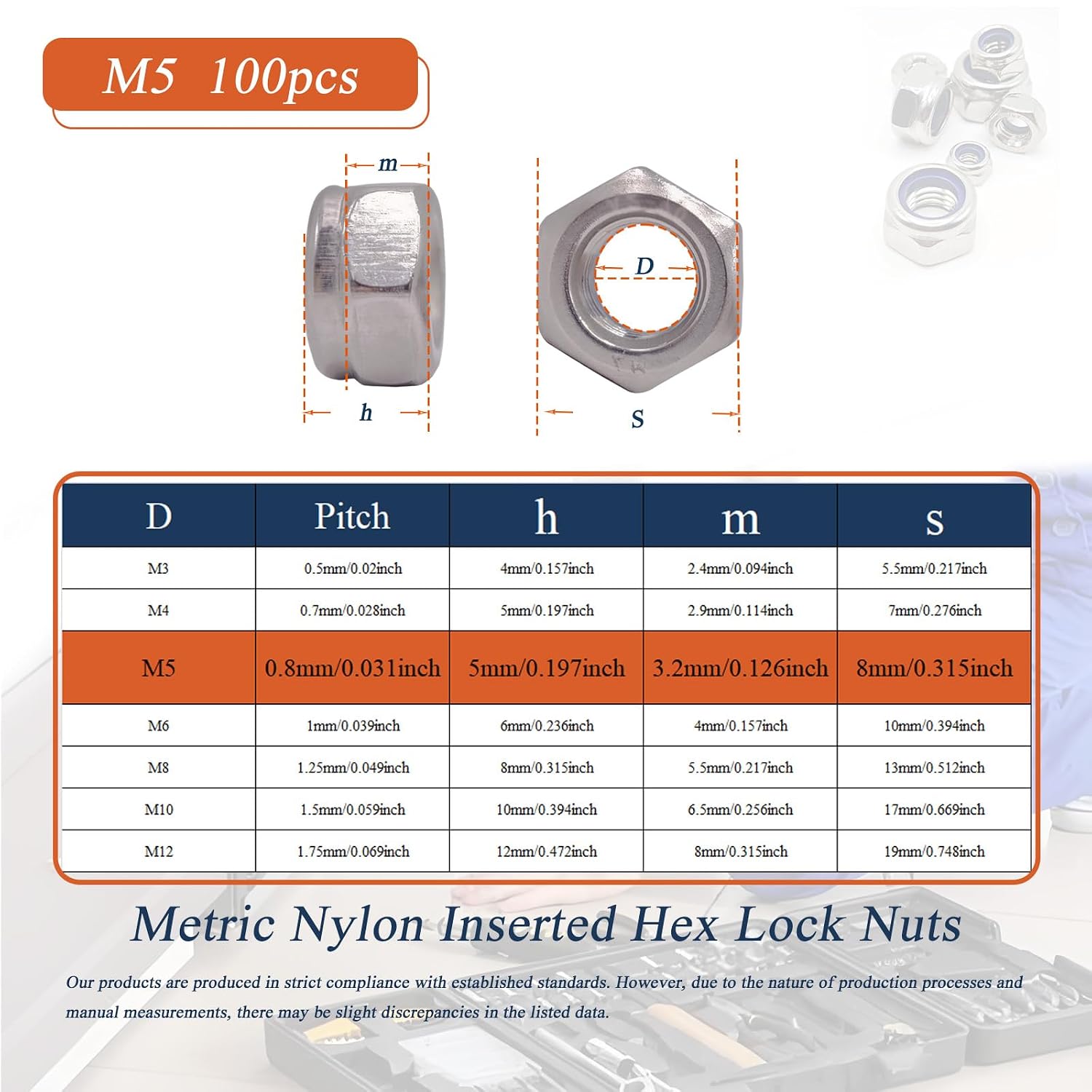 M5 x 0.8mm Metric Nylon Insert Lock Nuts (100pcs) DIN 985 Locknuts 304 Stainless Steel Hex Nylock Nuts Reusable Anti-Loose Corrosion-Resistant for DIY Home Automotive Industrial image 2