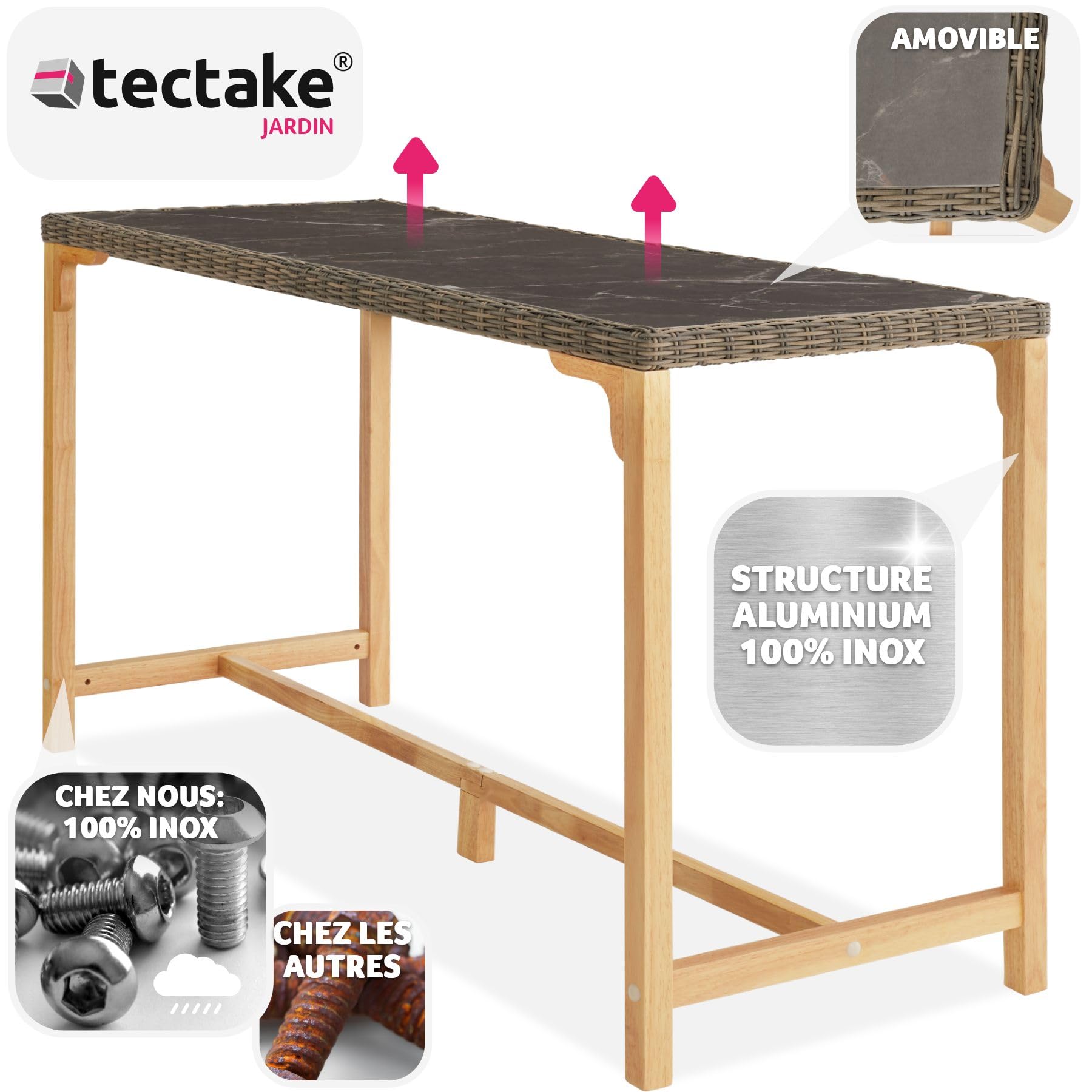 tectake® Table de Bar Haute Extérieur en Résine Tressée & Grès cérame Fin marbré Résistante aux intempéries pour Salon de Jardin, Structure en Aluminium & Bois Massif, Mobilier de Jardin