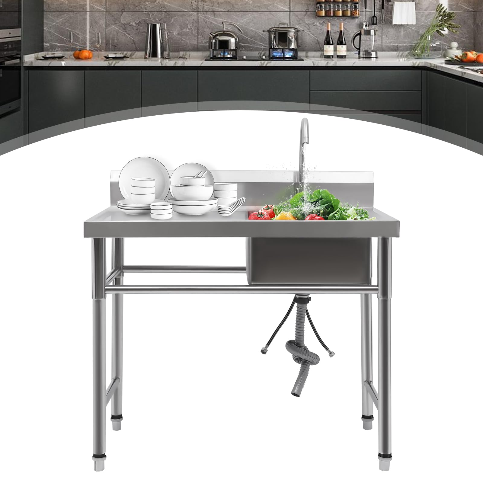 Fregadero independiente Fregadero de cocina de acero inoxidable Lavabo móvil con grifo para restaurantes, lavanderías, tiendas, laboratorios, restaurantes, cafeterías, exteriores, jardín y
