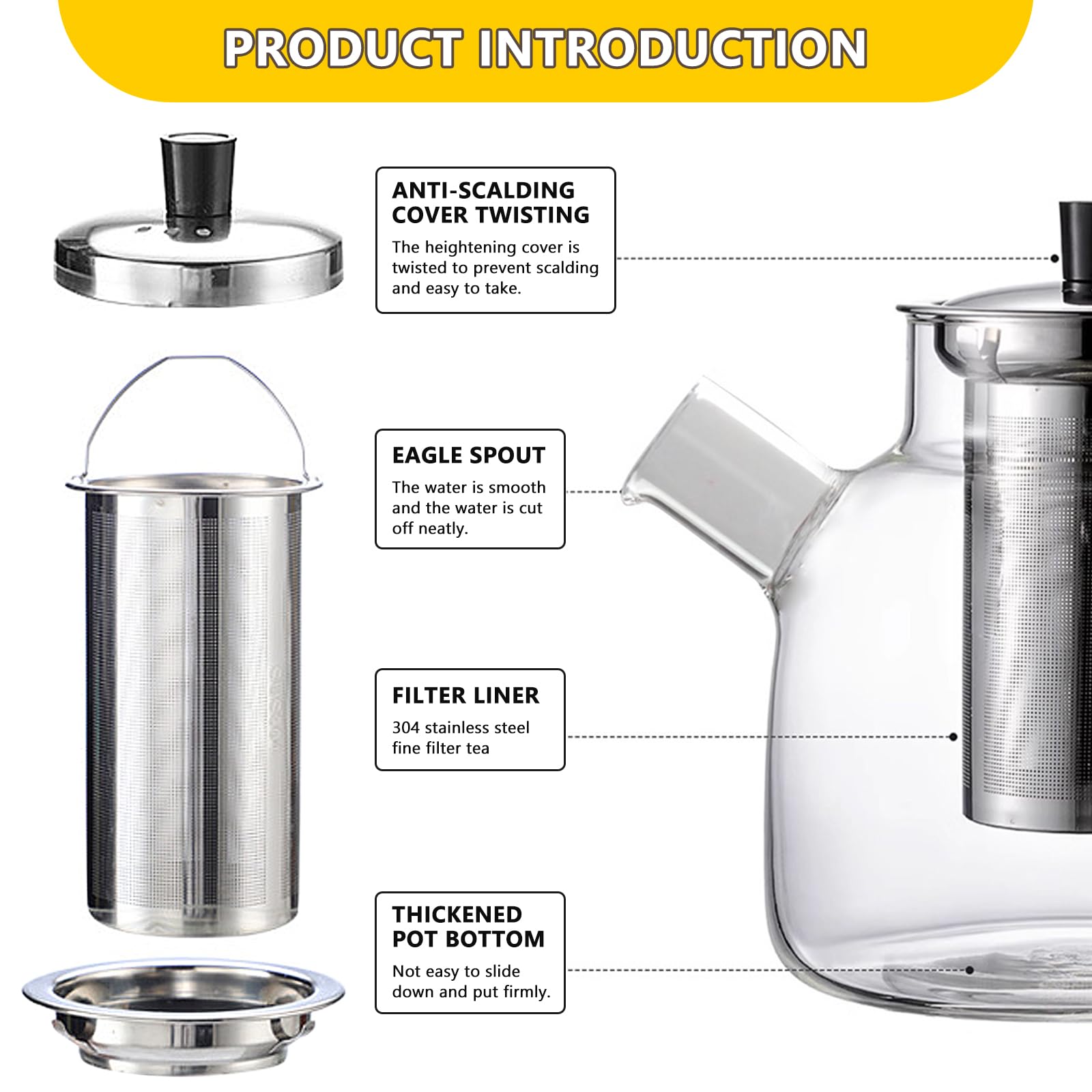 Teekanne mit Siebeinsatz, 1800ml Teekanne mit Stövchen, Glas Teebereiter, Teapot aus Borosilikatglas, Tee Kanne Set für Losen Tee, Teebeutel, Glaskanne für Alle Teesorten