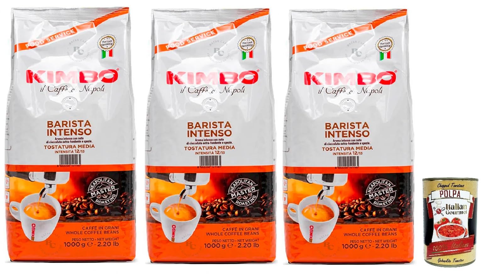 Café en grains Kimbo BARISTA Intenso, Café Grain Arabica Et Robusta - Italien Authentique. (3x 1kg) + Italian Gourmet polpa 400g