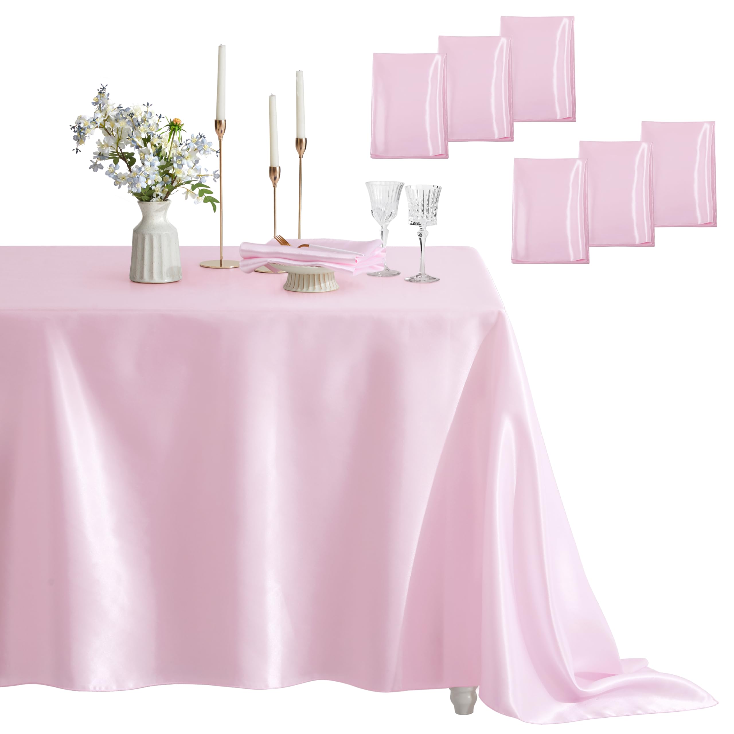 Paquete de 6 manteles rectangulares de satén, 60 x 84 pulgadas, color rosa | Mantel suave y sedoso, para decoración de mesa de banquete de boda, comedor, uso interior y exterior