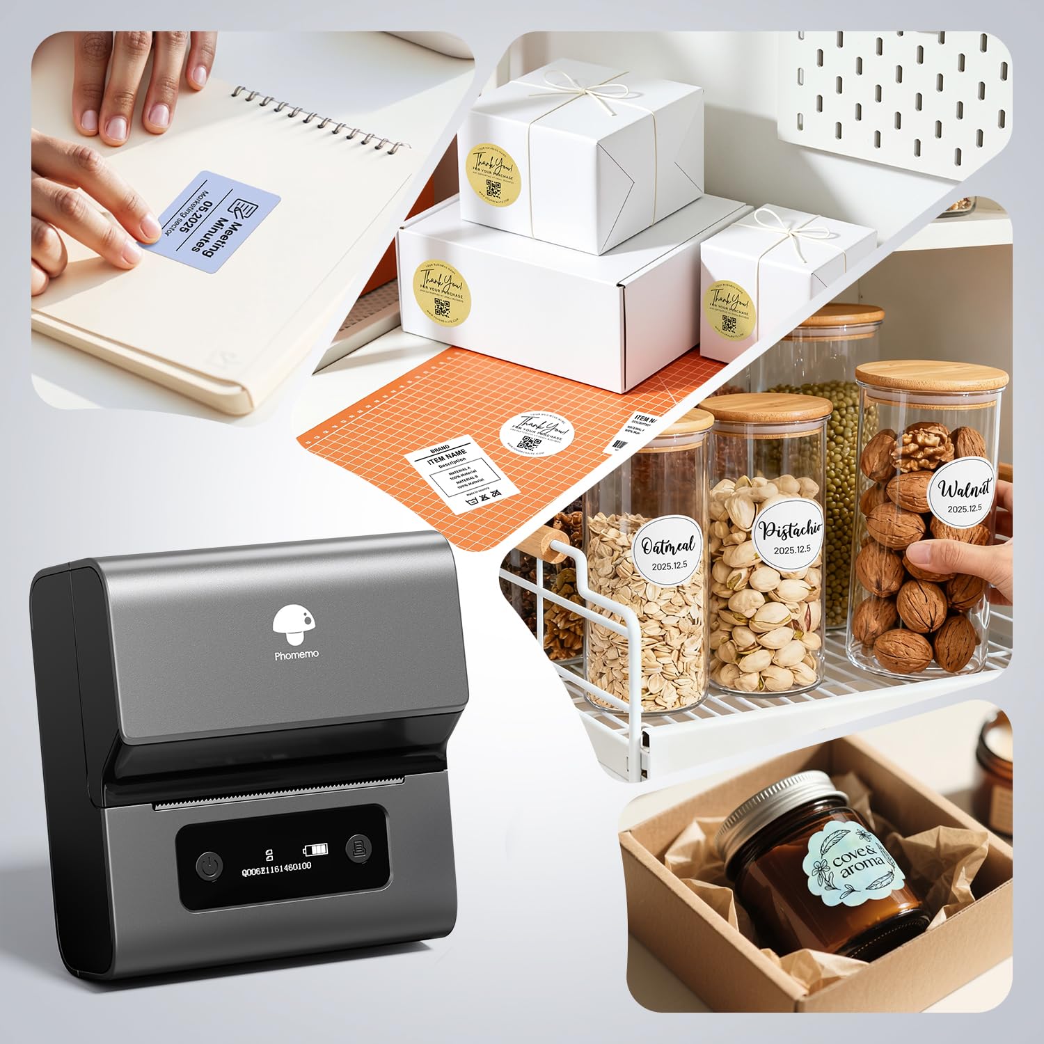 Phomemo M221 Etikettendrucker Bluetooth, Barcode Etikettendrucker, Beschriftungsgerät Unterstützung mit Phones&PC, Labeldrucker für Zuhause, Einzelhandel, QR-Code, Logos, Büro, Kleinunternehmen, Grau