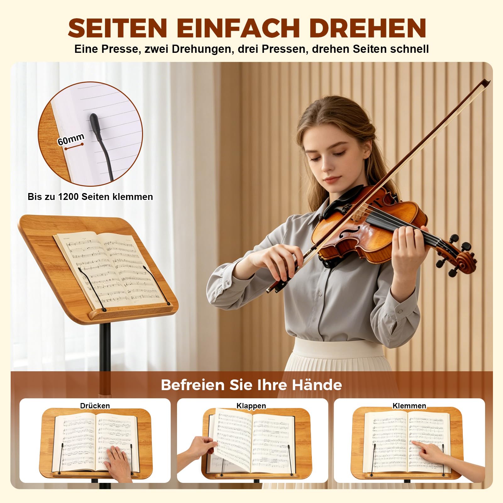 Buchständer Buchhalter Leseständer Notenständer Holz 180°-Neigung | 3 in 1 50-130 cm Höhenverstellbarer mit Elastische Seitenclips für Musiknoten Rezepte Tablet Laptop